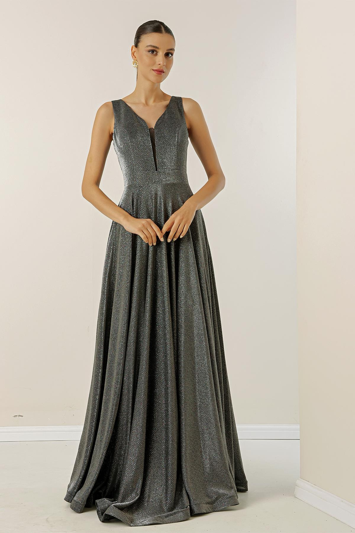 S-22K0490012V-Neck Dreamy Tulle Glittery Lined Evening Dress