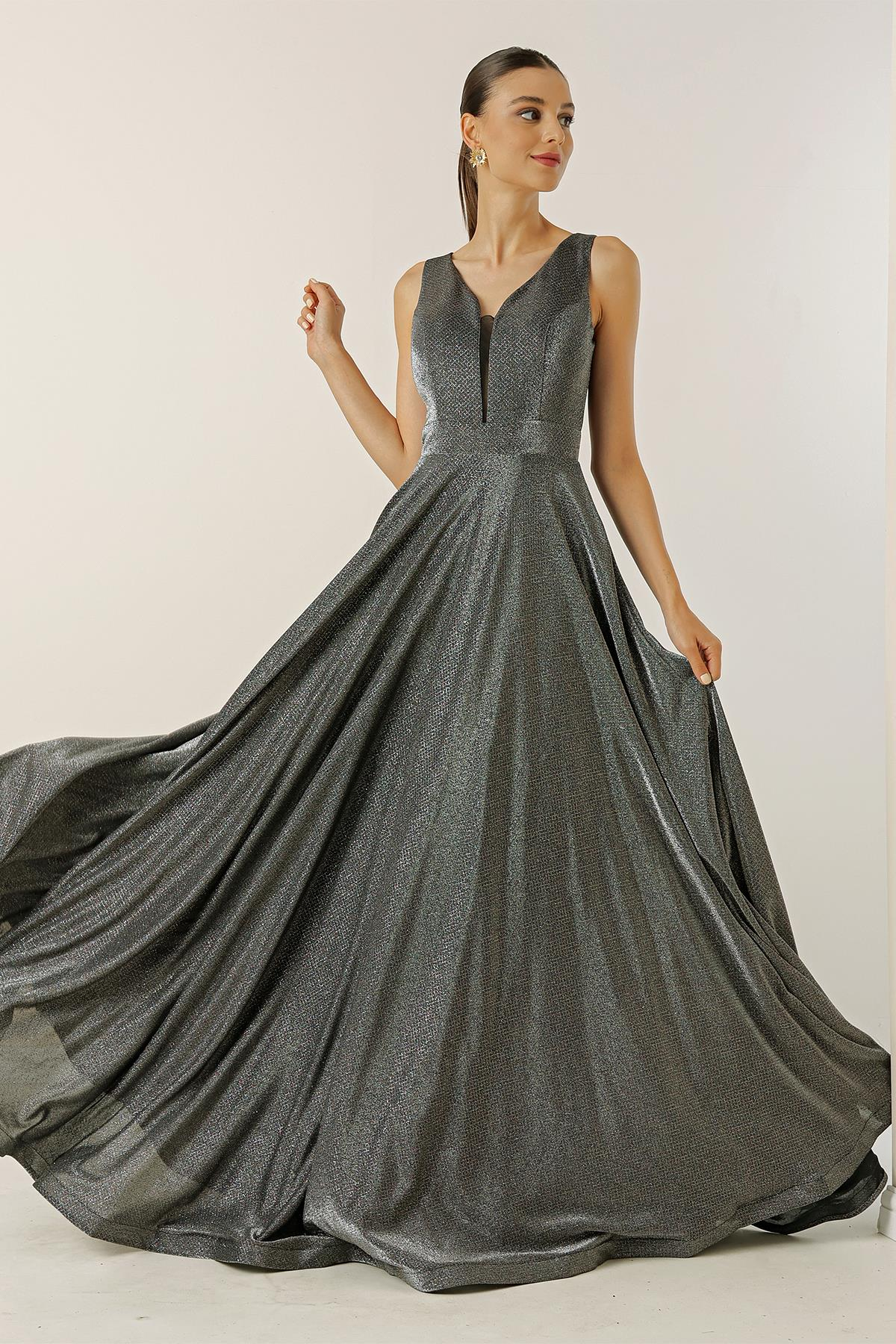 S-22K0490012V-Neck Dreamy Tulle Glittery Lined Evening Dress