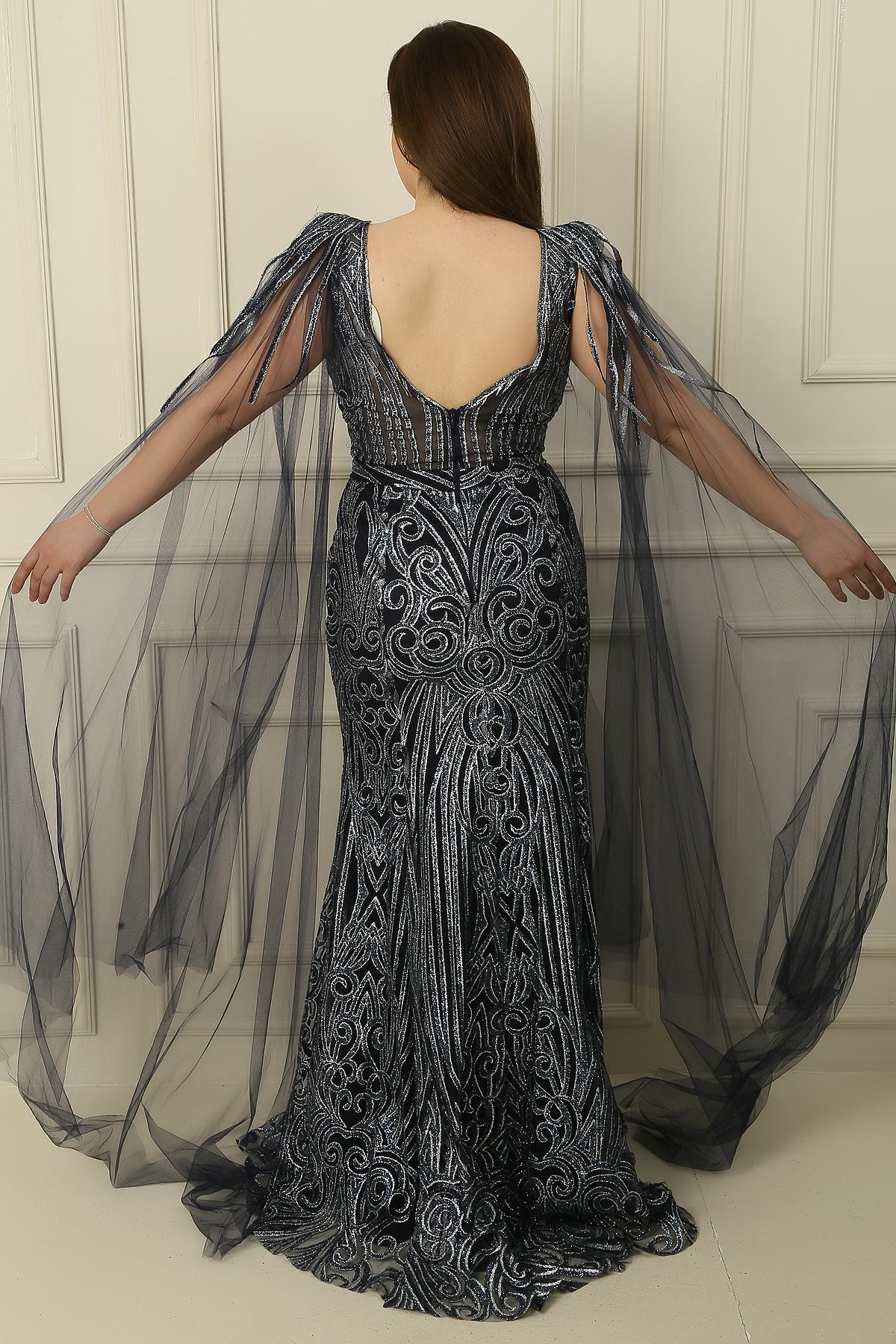 S-22K0490019Omuzdan Tül Şallı Astarlı Büyük Beden Simli Uzun Elbise