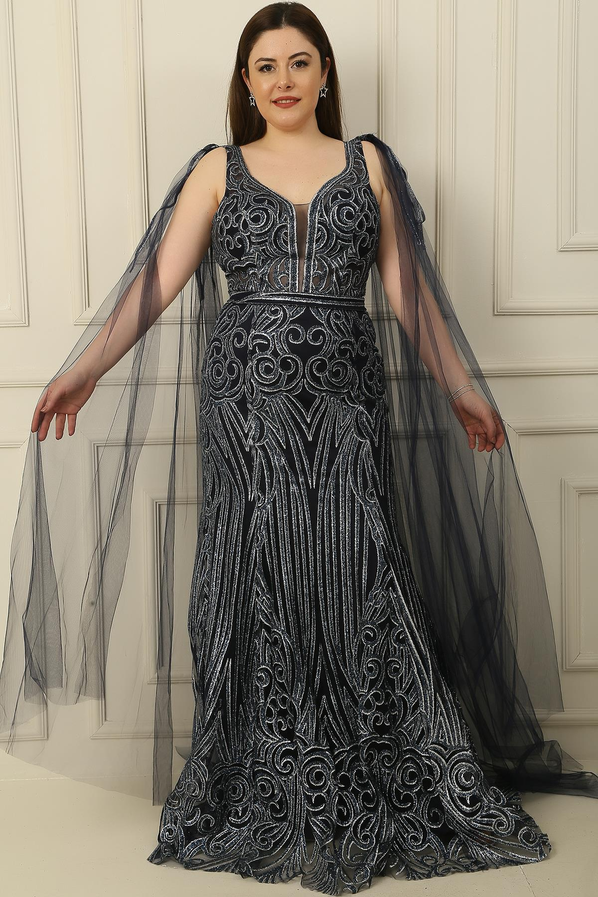 S-22K0490019Omuzdan Tül Şallı Astarlı Büyük Beden Simli Uzun Elbise