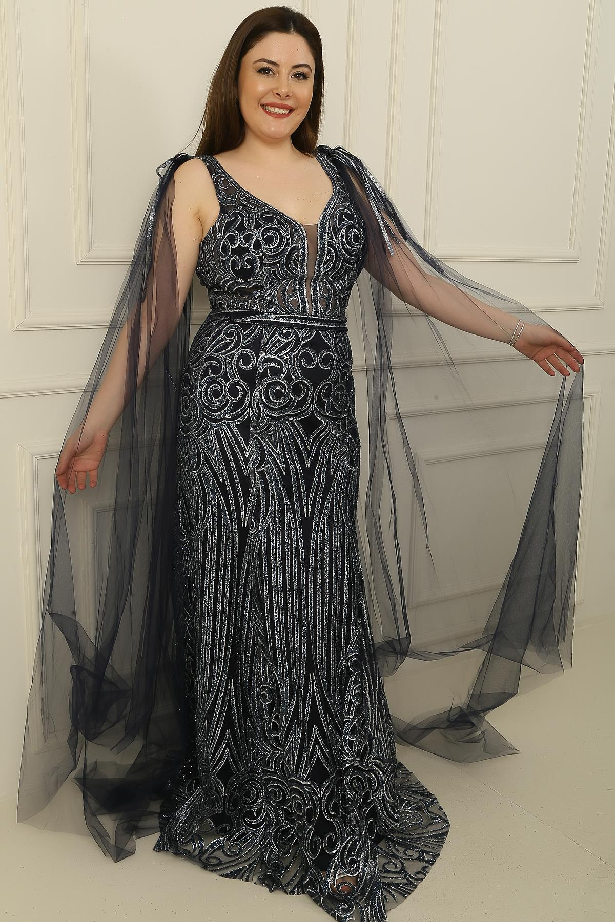 S-22K0490019Omuzdan Tül Şallı Astarlı Büyük Beden Simli Uzun Elbise