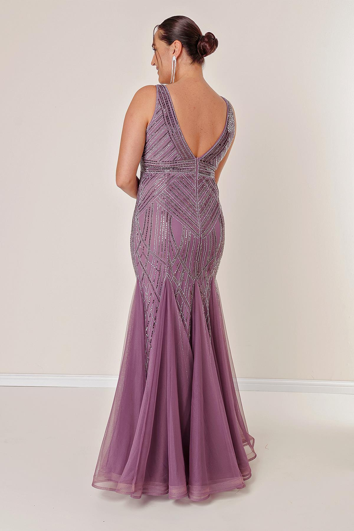 S-22K0490022Front Back V Neck, Stone Embroidered Lined, B.B Long Tulle Dress