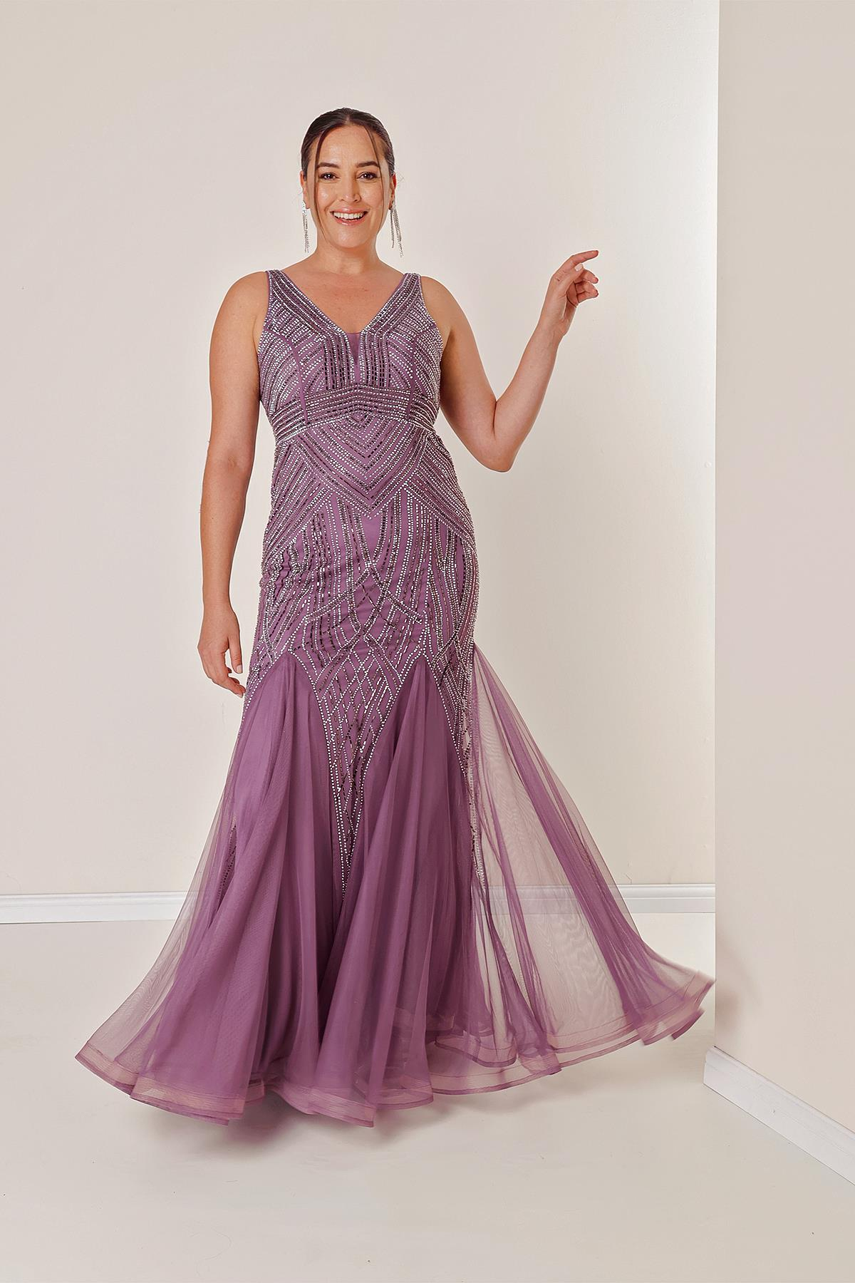 S-22K0490022Front Back V Neck, Stone Embroidered Lined, B.B Long Tulle Dress