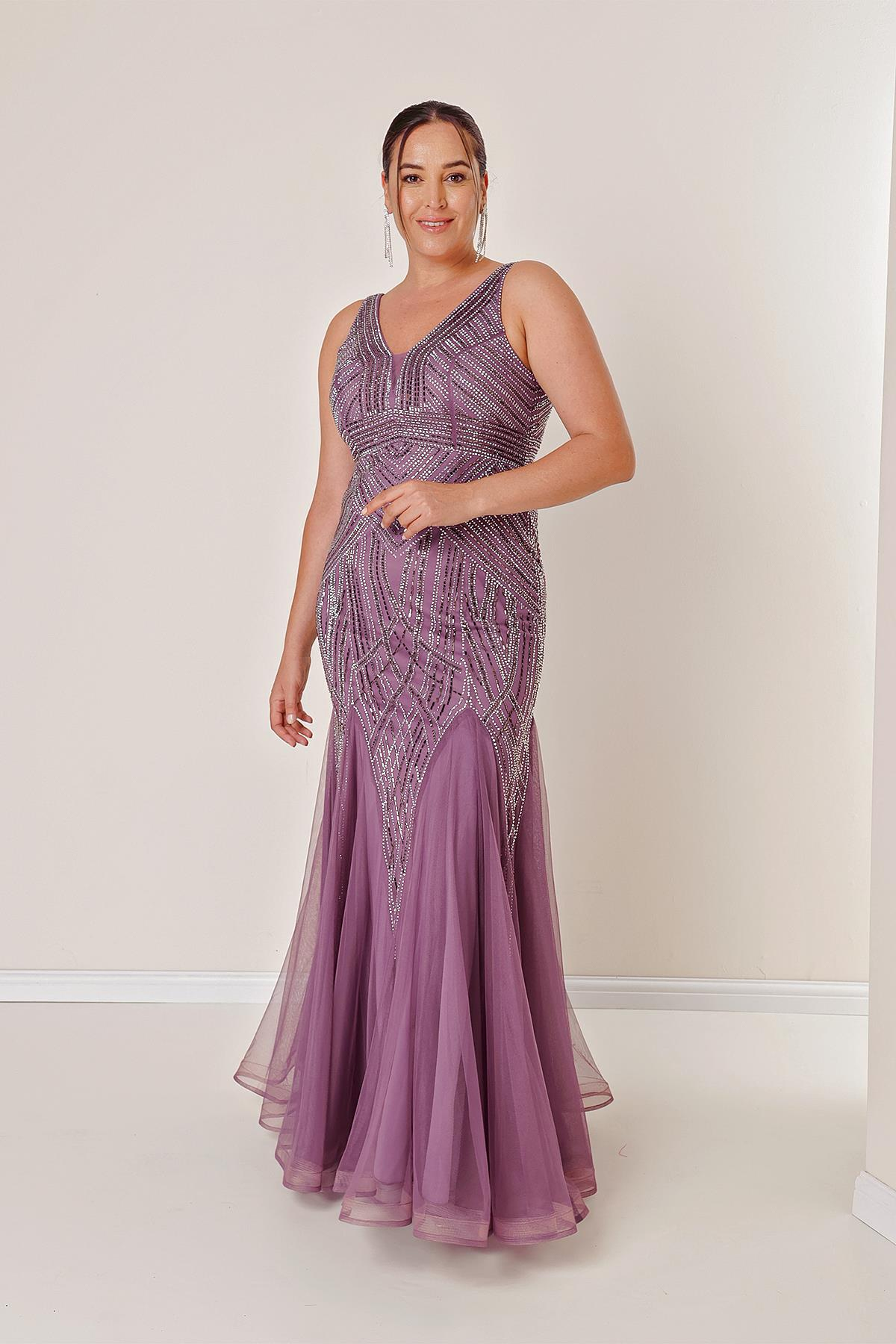 S-22K0490022Front Back V Neck, Stone Embroidered Lined, B.B Long Tulle Dress