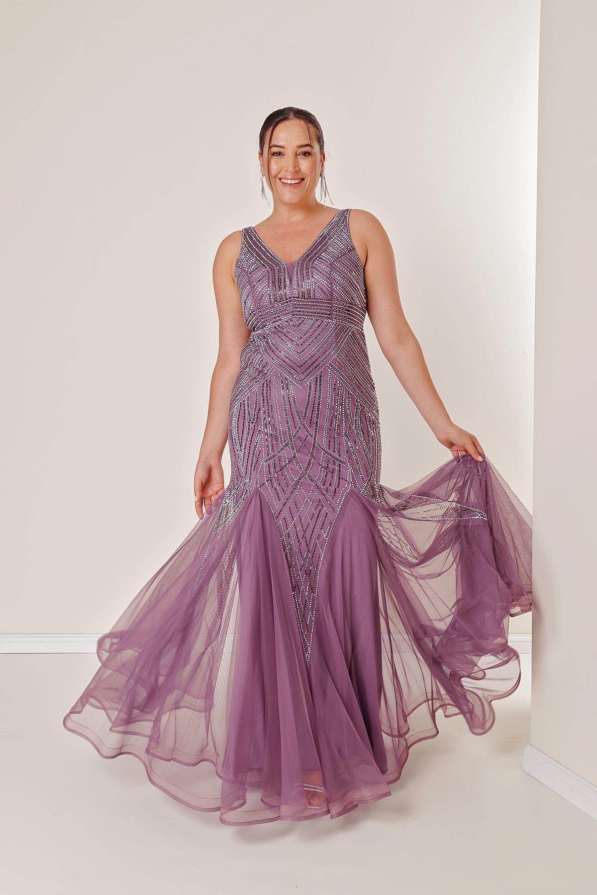 S-22K0490022Front Back V Neck, Stone Embroidered Lined, B.B Long Tulle Dress