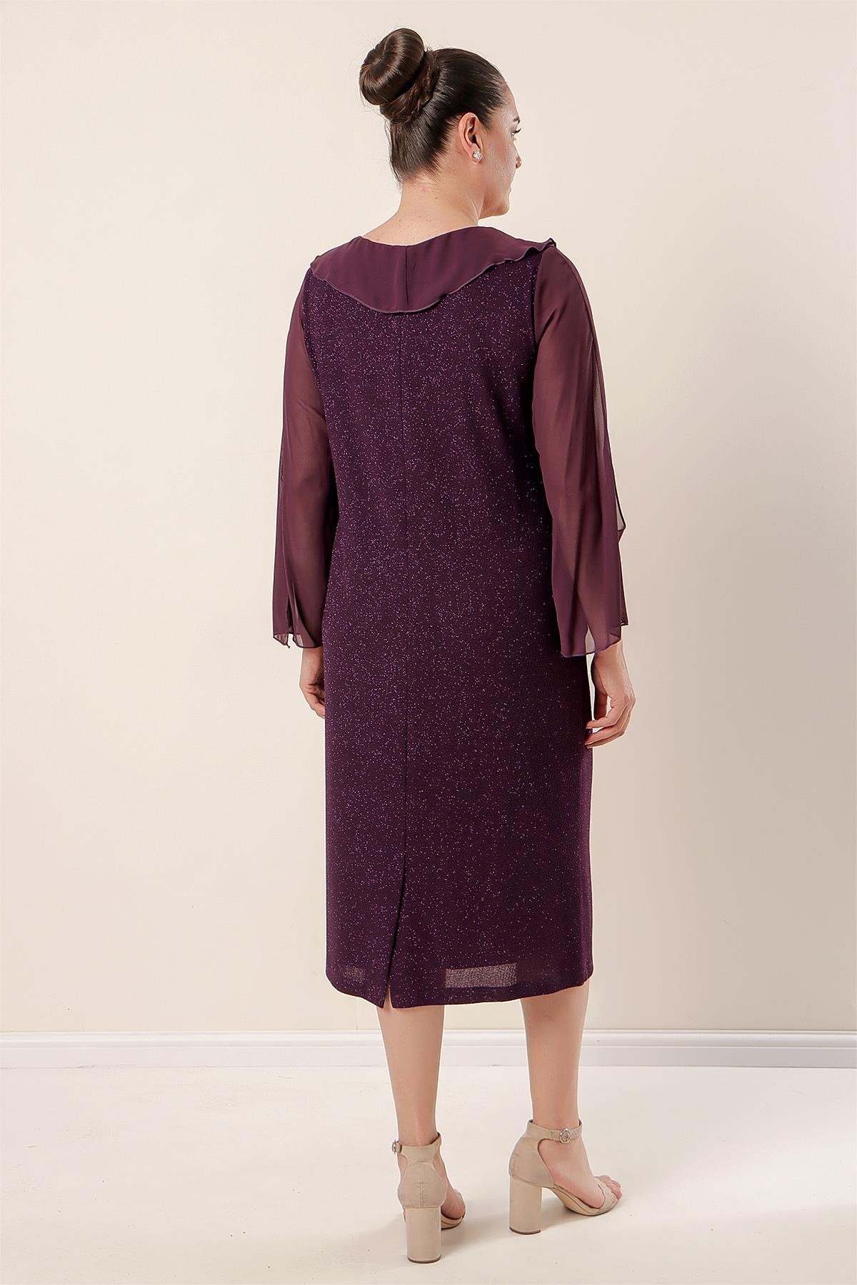 S-22K0520037Silvery Lycra Collar And Lined Sleeves, Chiffon Dress Large Size