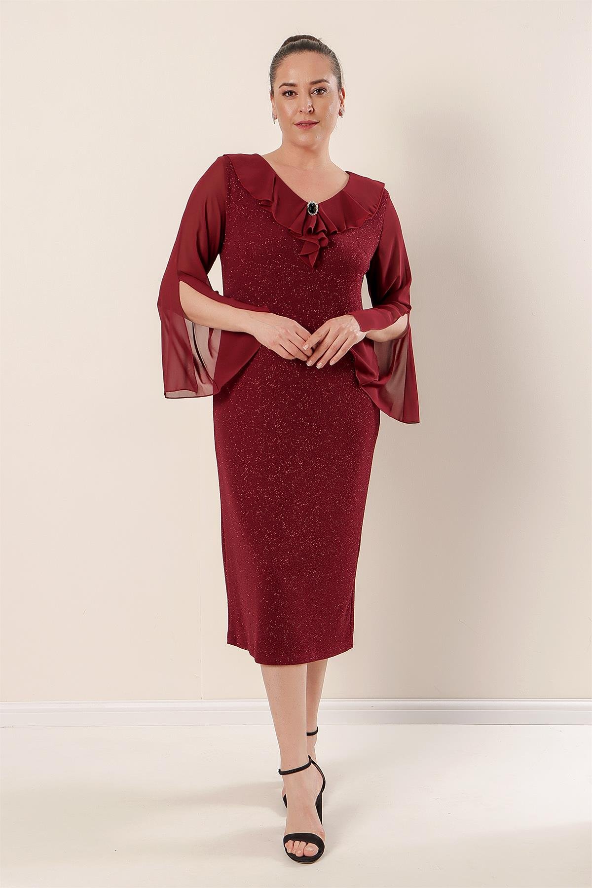 S-22K0520037Silvery Lycra Collar And Lined Sleeves, Chiffon Dress Large Size