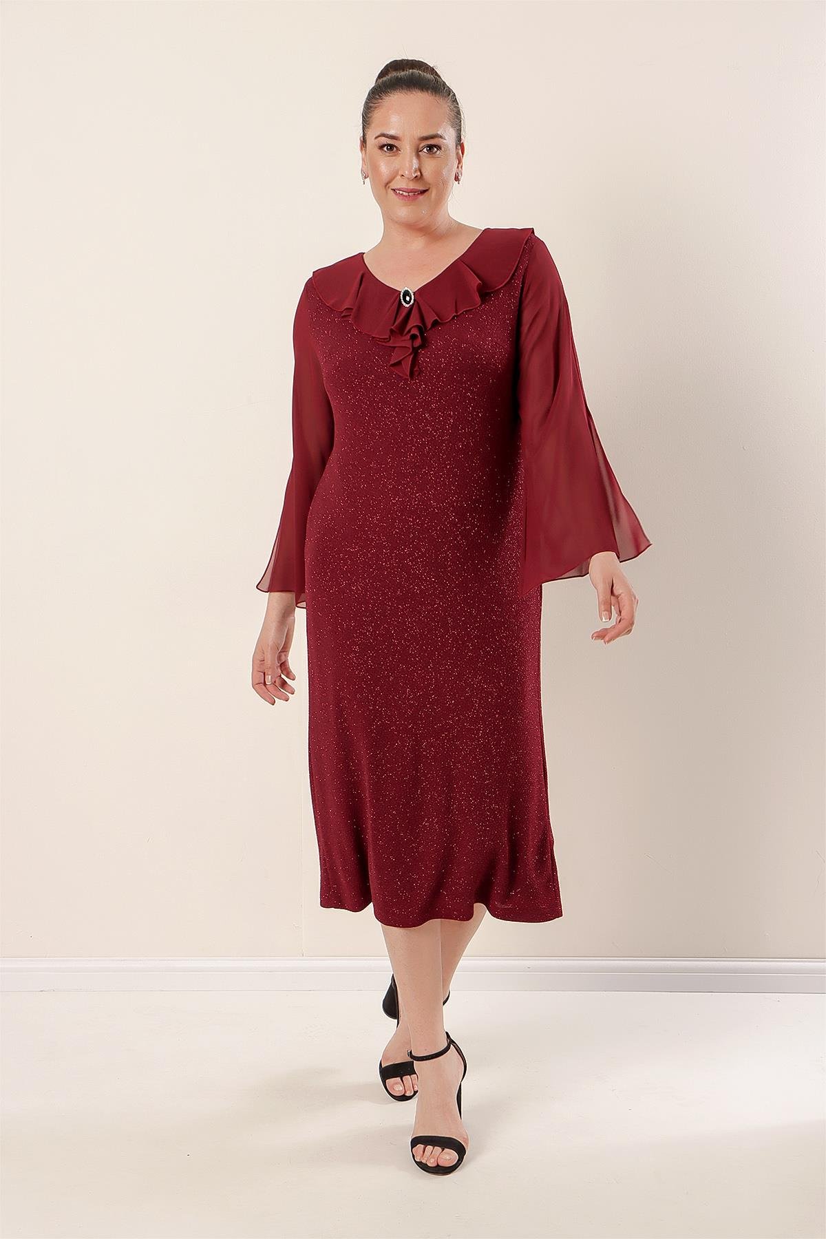 S-22K0520037Silvery Lycra Collar And Lined Sleeves, Chiffon Dress Large Size