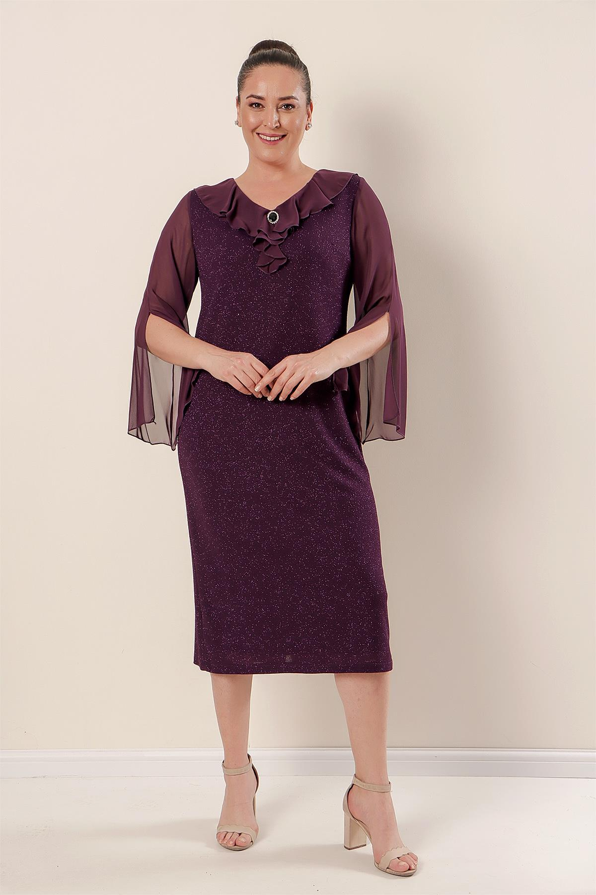 S-22K0520037Silvery Lycra Collar And Lined Sleeves, Chiffon Dress Large Size