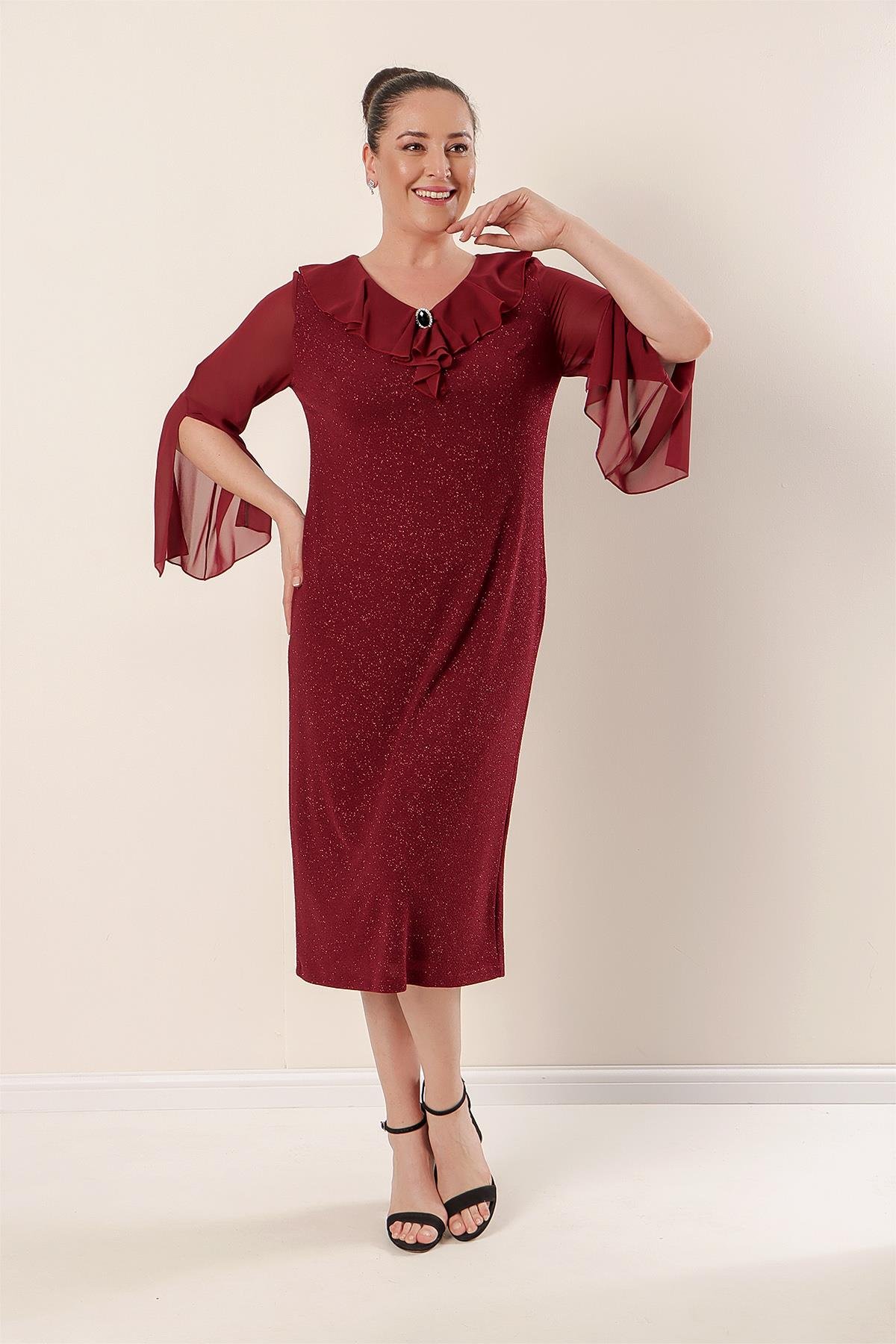 S-22K0520037Silvery Lycra Collar And Lined Sleeves, Chiffon Dress Large Size