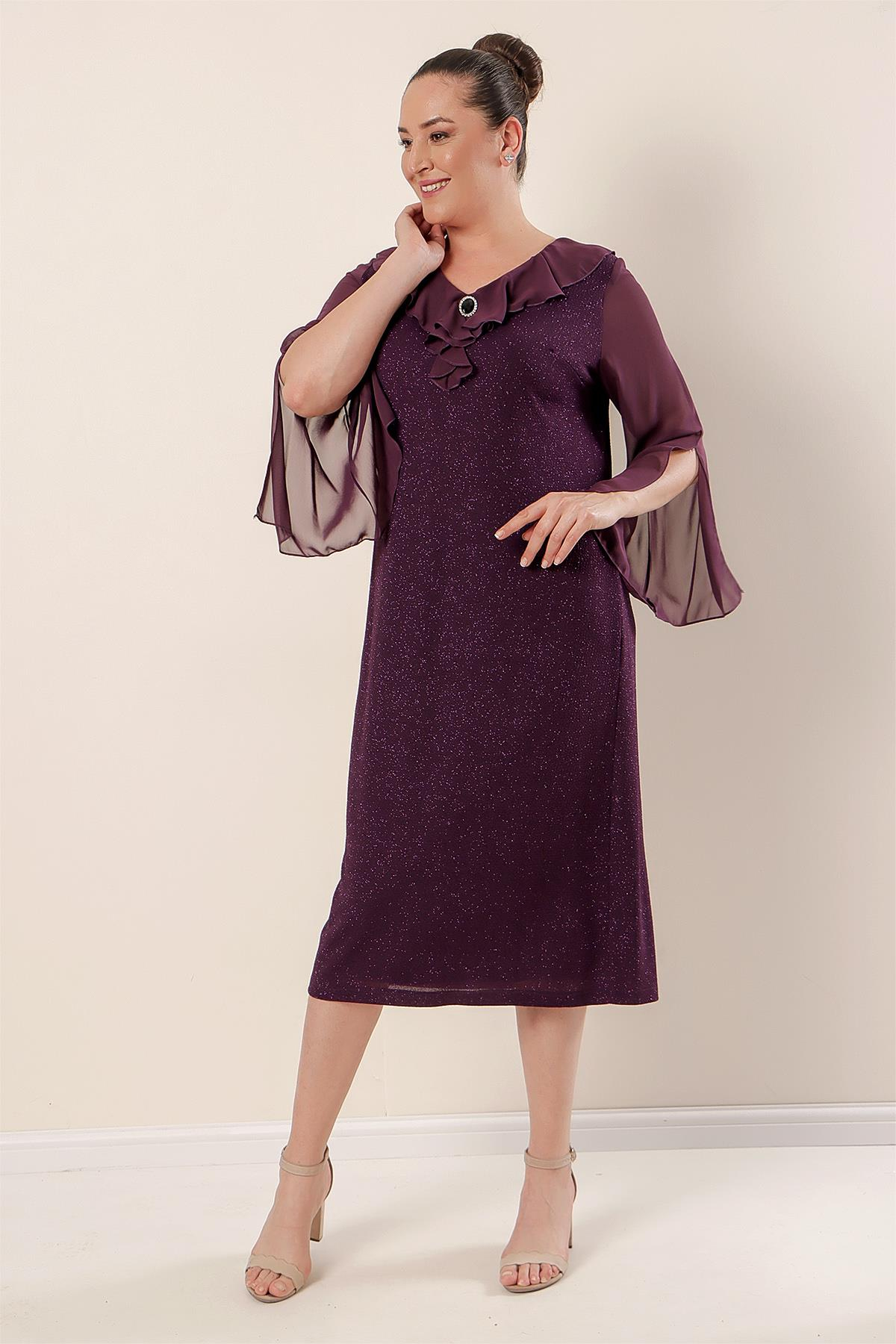 S-22K0520037Silvery Lycra Collar And Lined Sleeves, Chiffon Dress Large Size