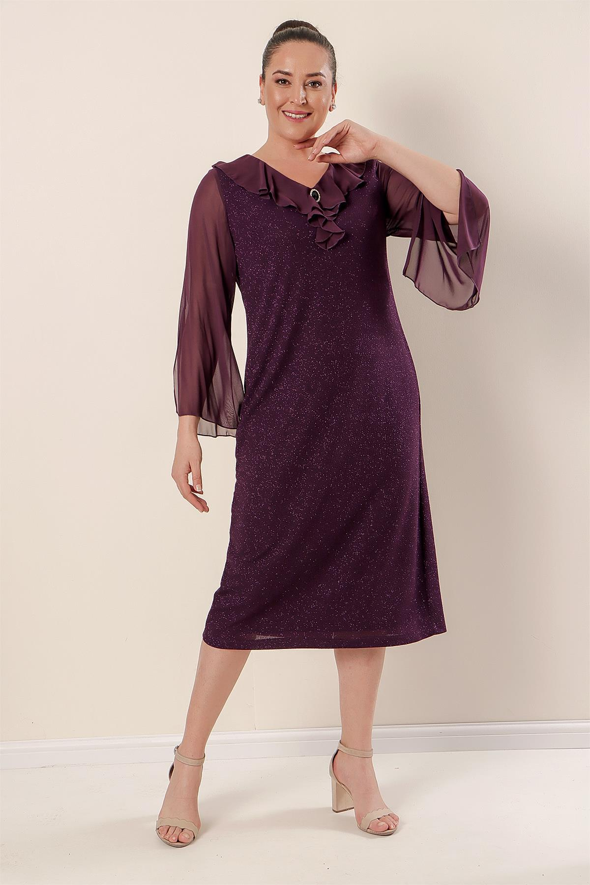 S-22K0520037Silvery Lycra Collar And Lined Sleeves, Chiffon Dress Large Size