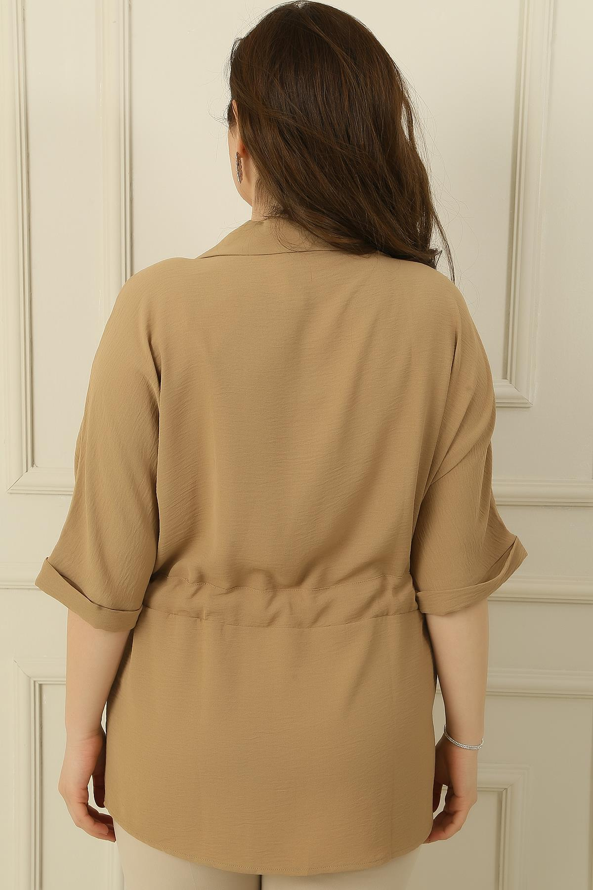 S-22K0990025Beli Kuşaklı Önü Düğmeli Büyük Beden Ayrobin Tunik Gömlek