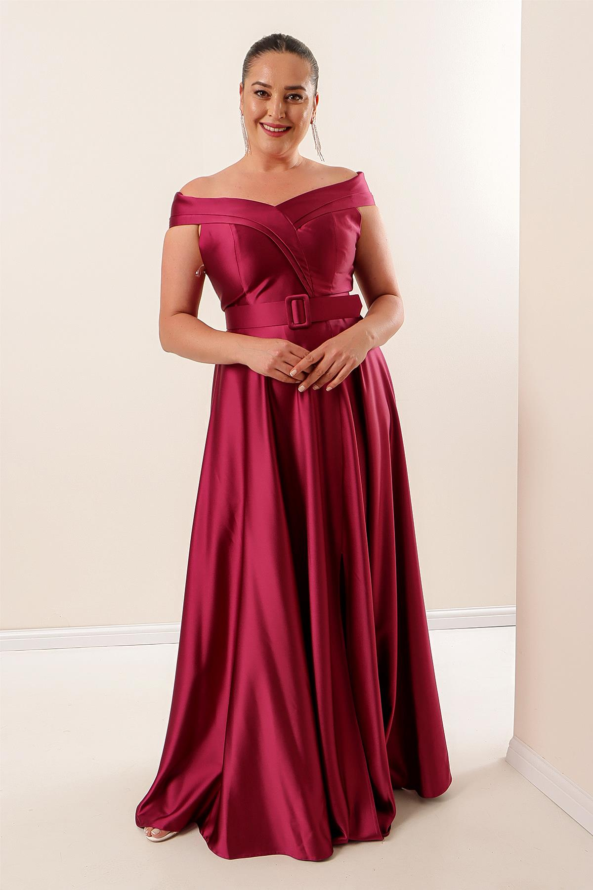 S-22K1040039Arched Collar Waist Satin Dress Large Size Long-Coated Madonna Slits