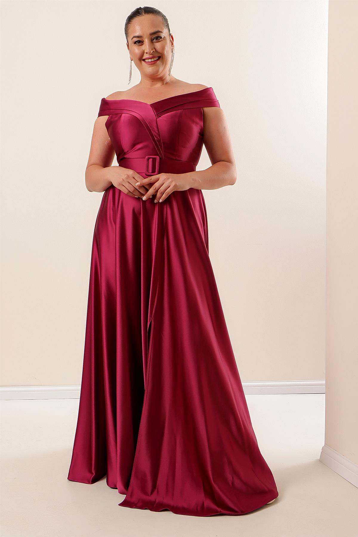 S-22K1040039Arched Collar Waist Satin Dress Large Size Long-Coated Madonna Slits