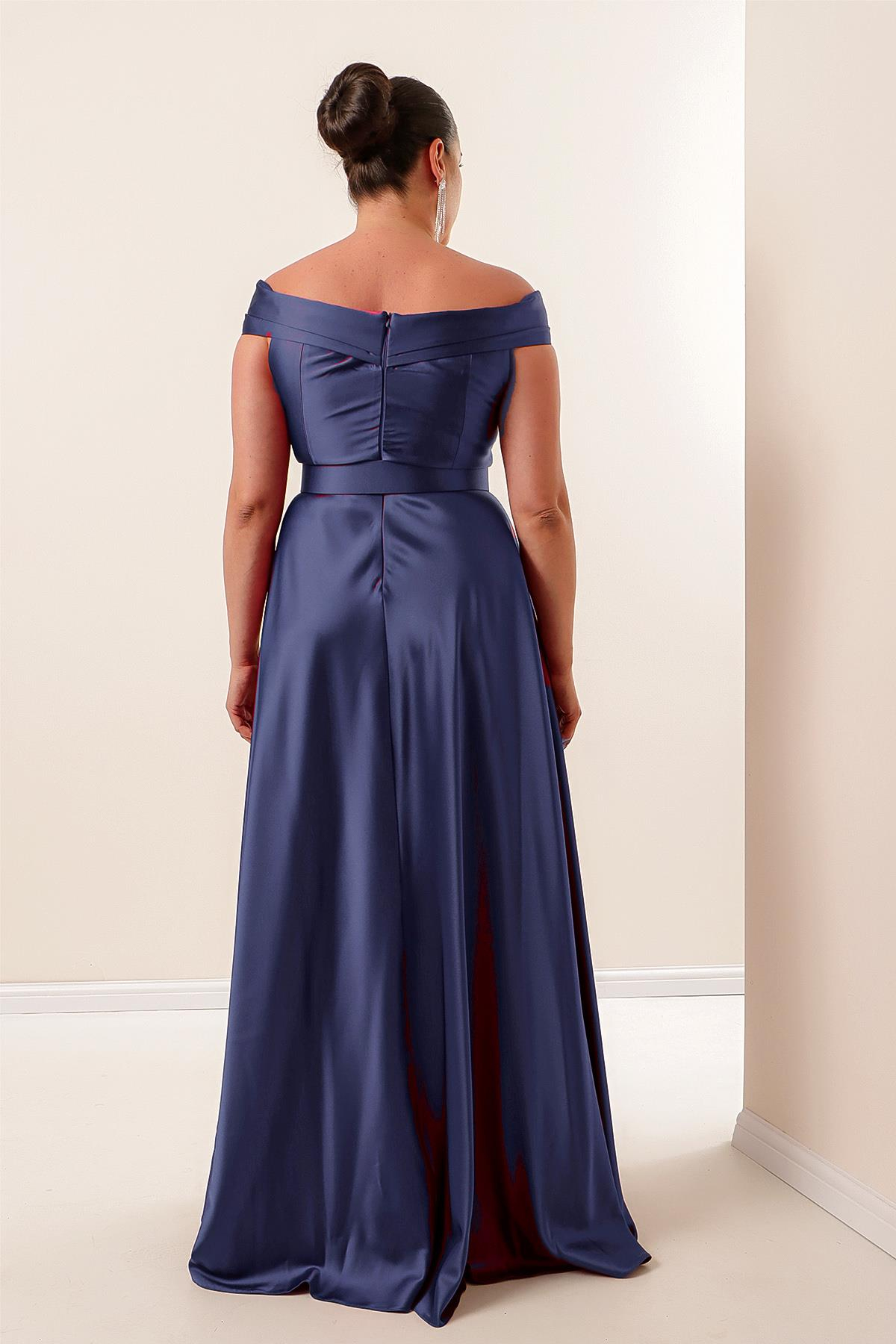 S-22K1040039Blue Collar Waist Satin Dress Large Size Long-Coated Madonna Arched Slits