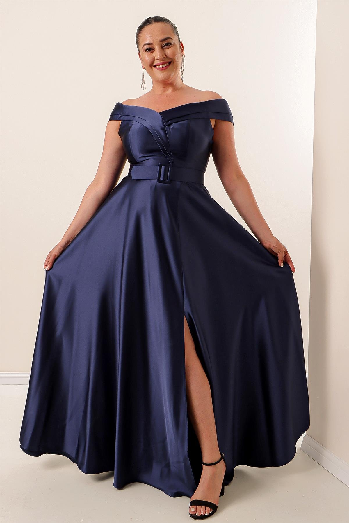 S-22K1040039Blue Collar Waist Satin Dress Large Size Long-Coated Madonna Arched Slits