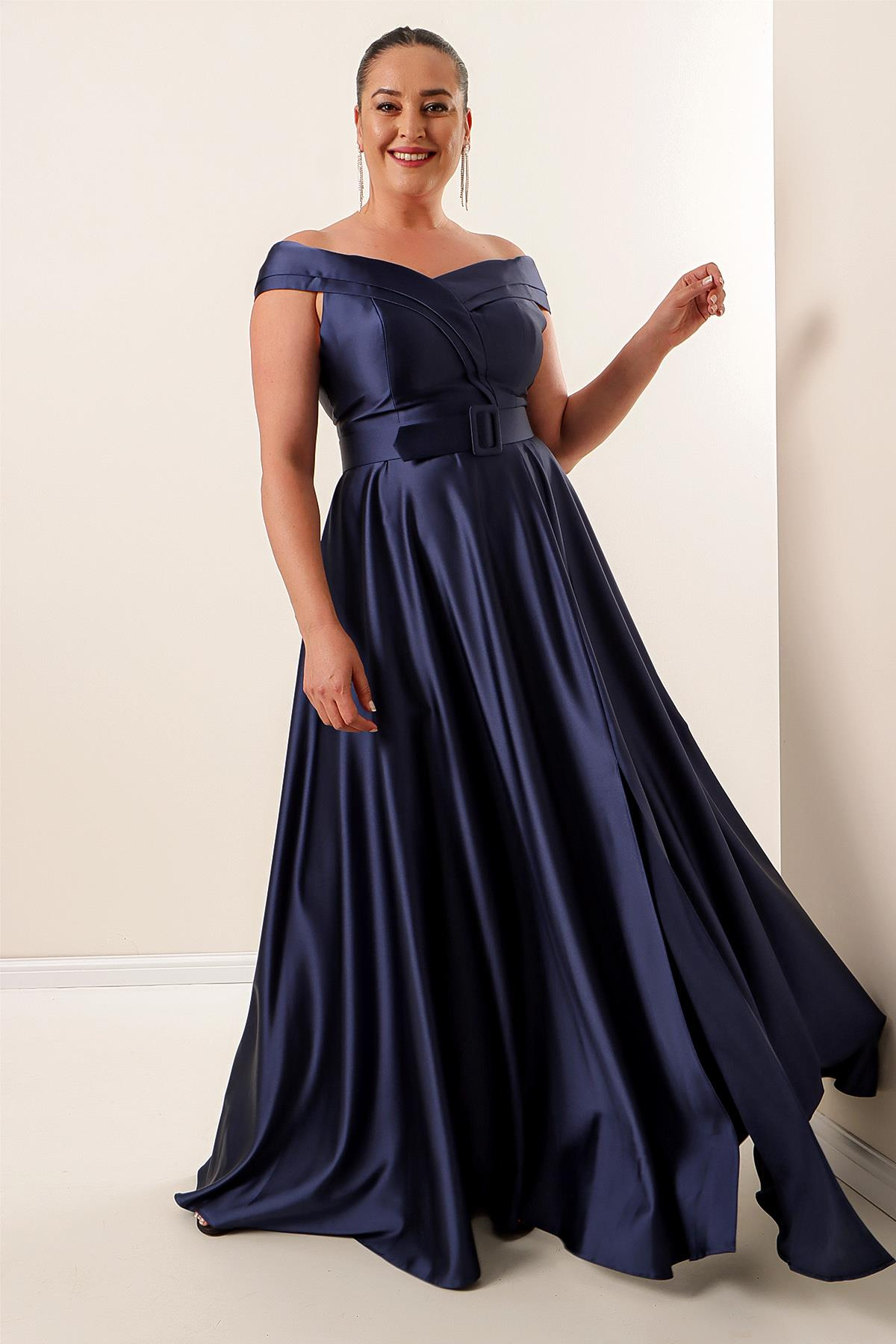 S-22K1040039Blue Collar Waist Satin Dress Large Size Long-Coated Madonna Arched Slits