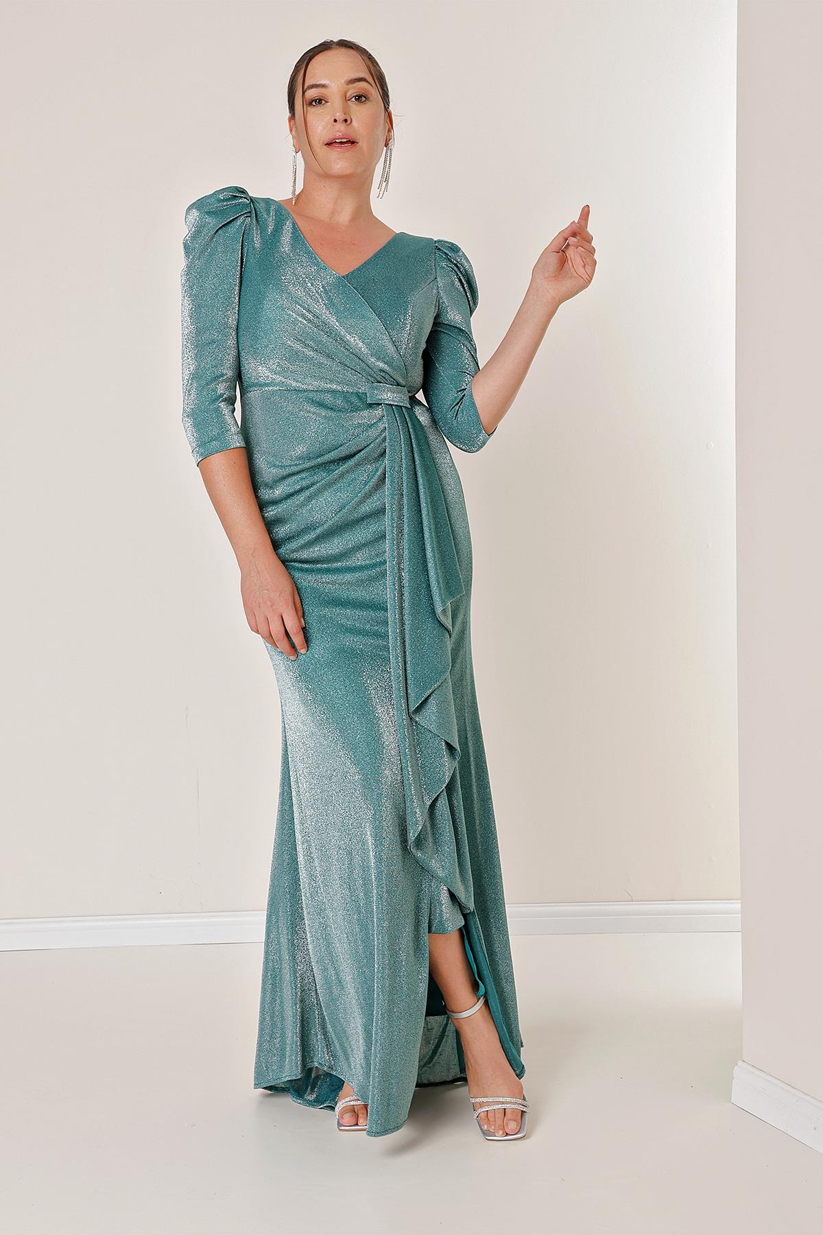 S-22K1040054Truvakar Kol Önü Volanlı Astarlı Simli Büyük Beden Uzun Elbise