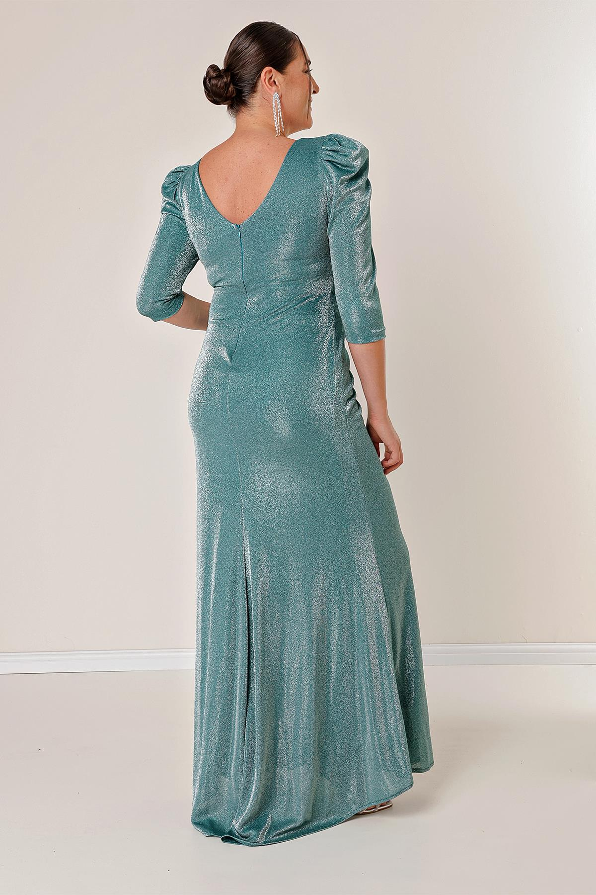 S-22K1040054Truvakar Kol Önü Volanlı Astarlı Simli Büyük Beden Uzun Elbise