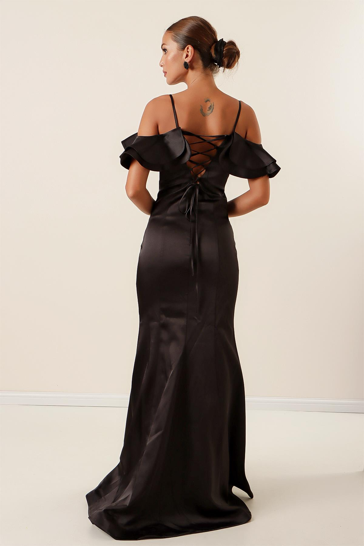 S-22K1040058İp Askılı Düşük Kollu Arkası Bağcıklı Astarlı Uzun Saten Elbise