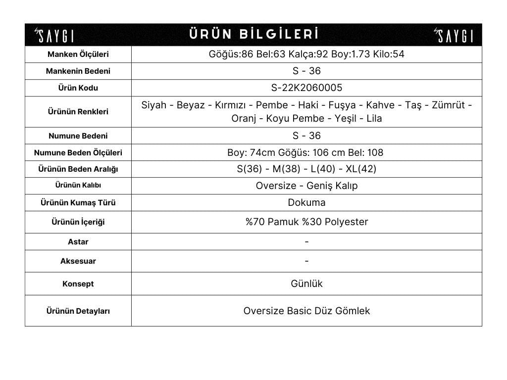 S-22K2060005Oversize Uzun Basic Gömlek