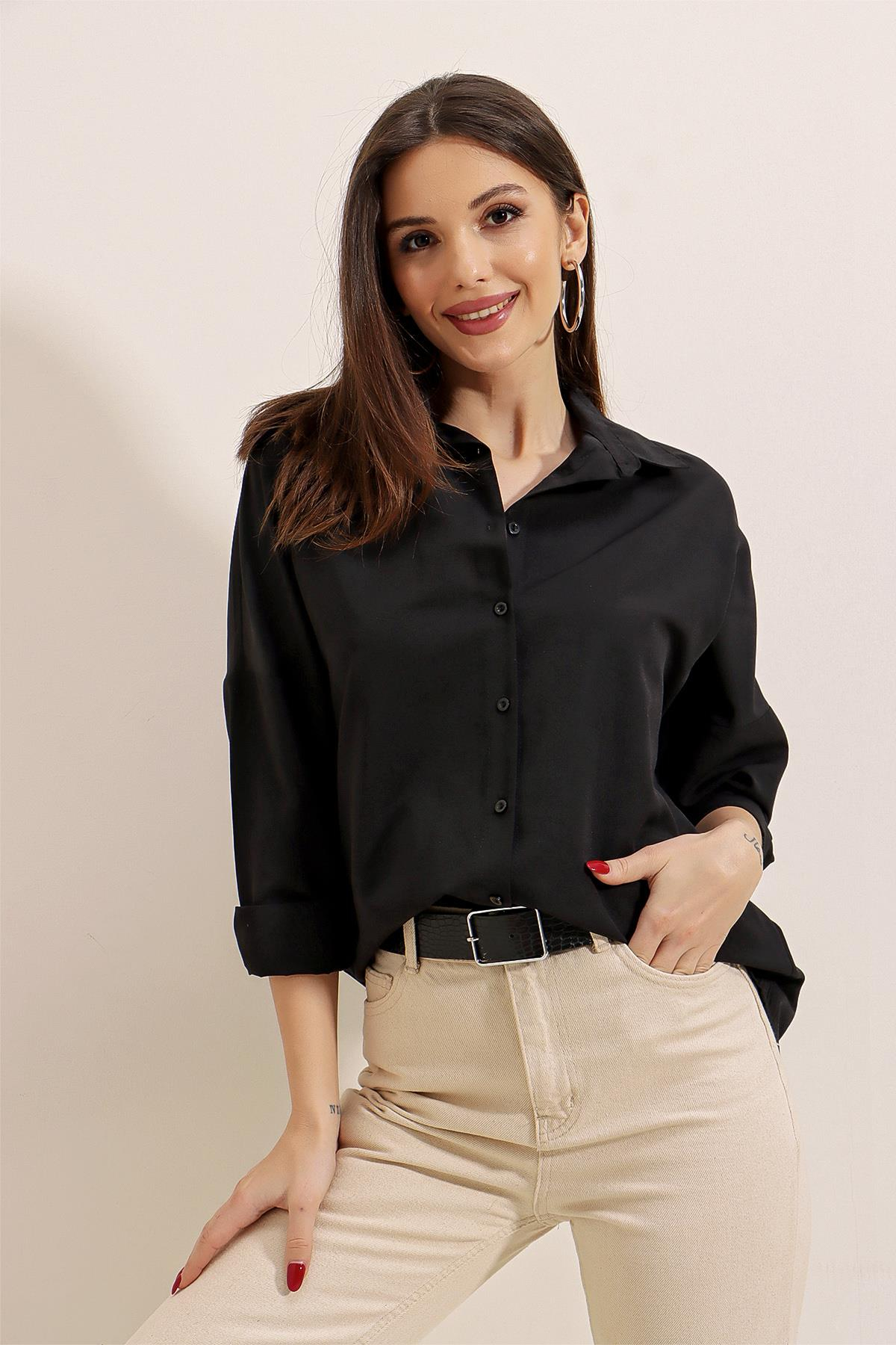 S-22K2060005Oversize Uzun Basic Gömlek