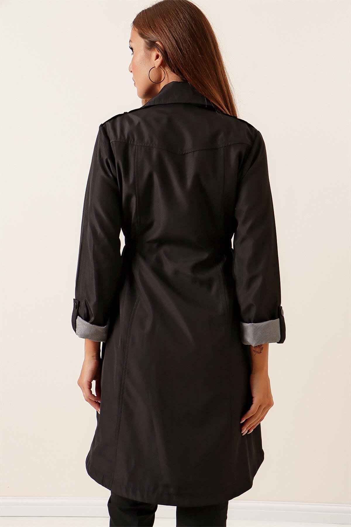 S-22K2060028Belted Waist Puff Square Sleeve Folded Lined Trench Coat