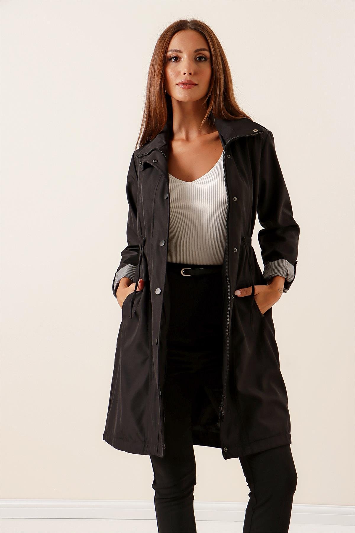 S-22K2060028Belted Waist Puff Square Sleeve Folded Lined Trench Coat