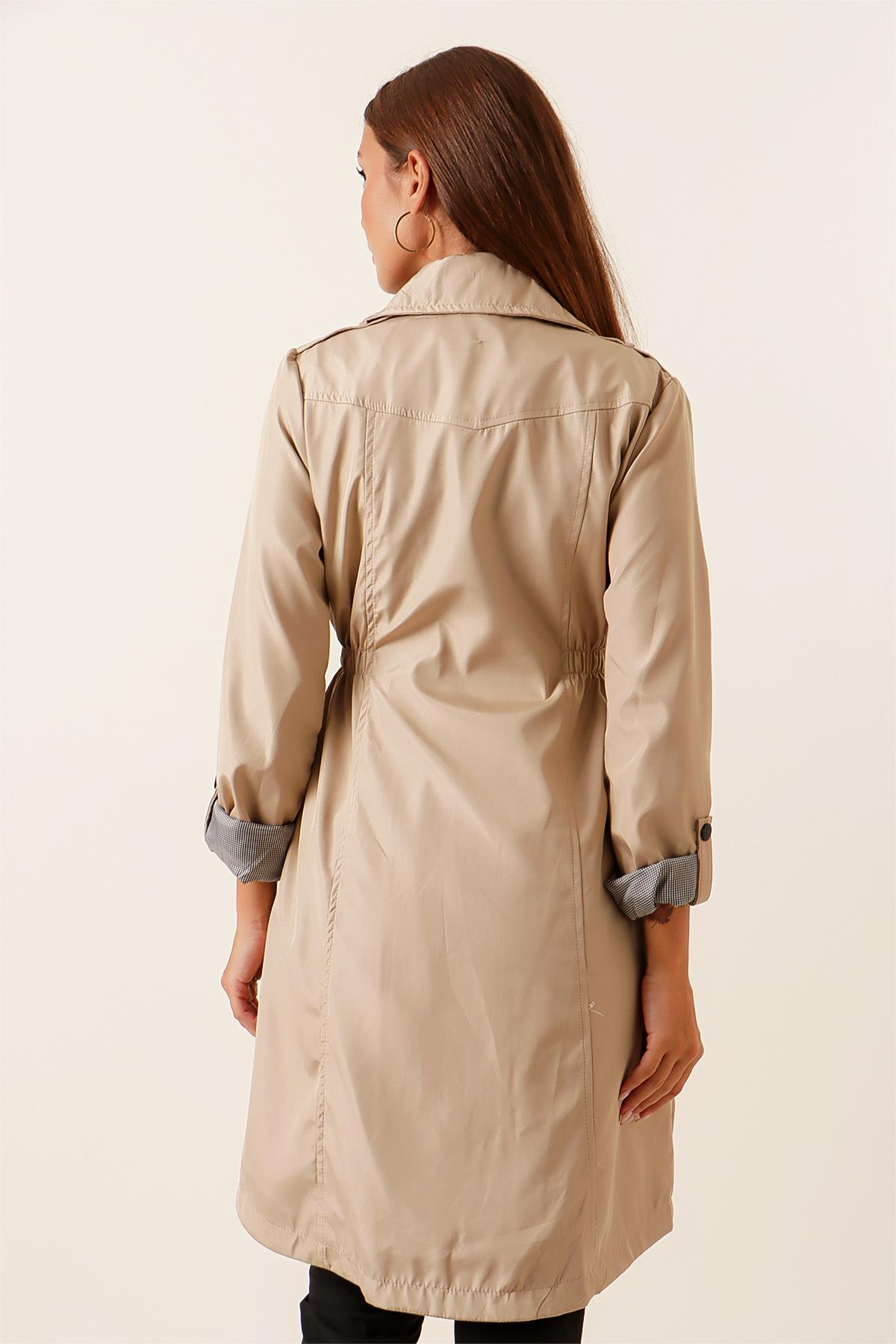 S-22K2060028Belted Waist Puff Square Sleeve Folded Lined Trench Coat
