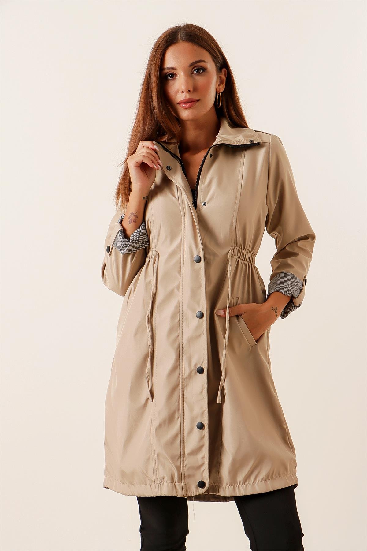 S-22K2060028Belted Waist Puff Square Sleeve Folded Lined Trench Coat