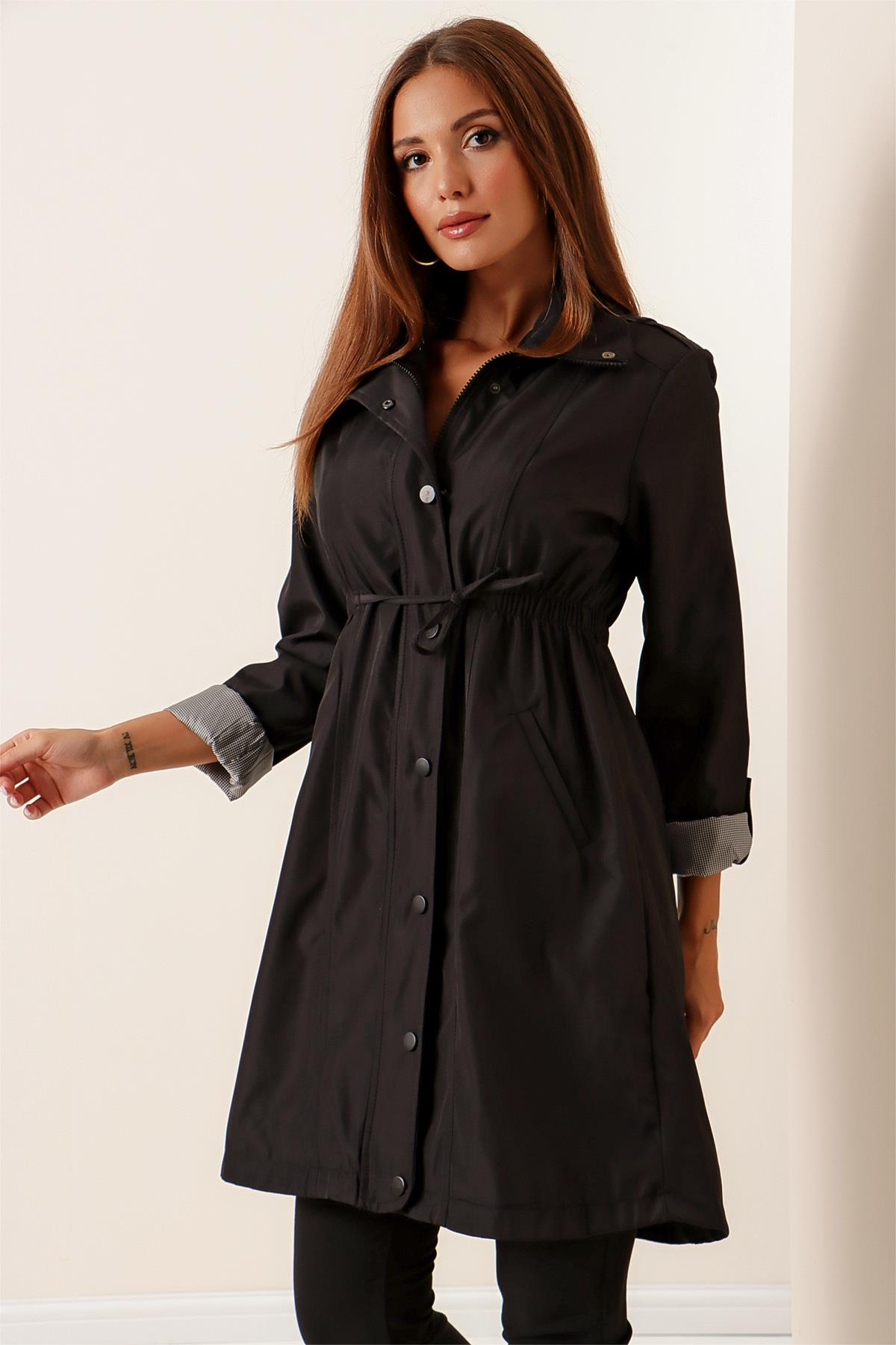 S-22K2060028Belted Waist Puff Square Sleeve Folded Lined Trench Coat