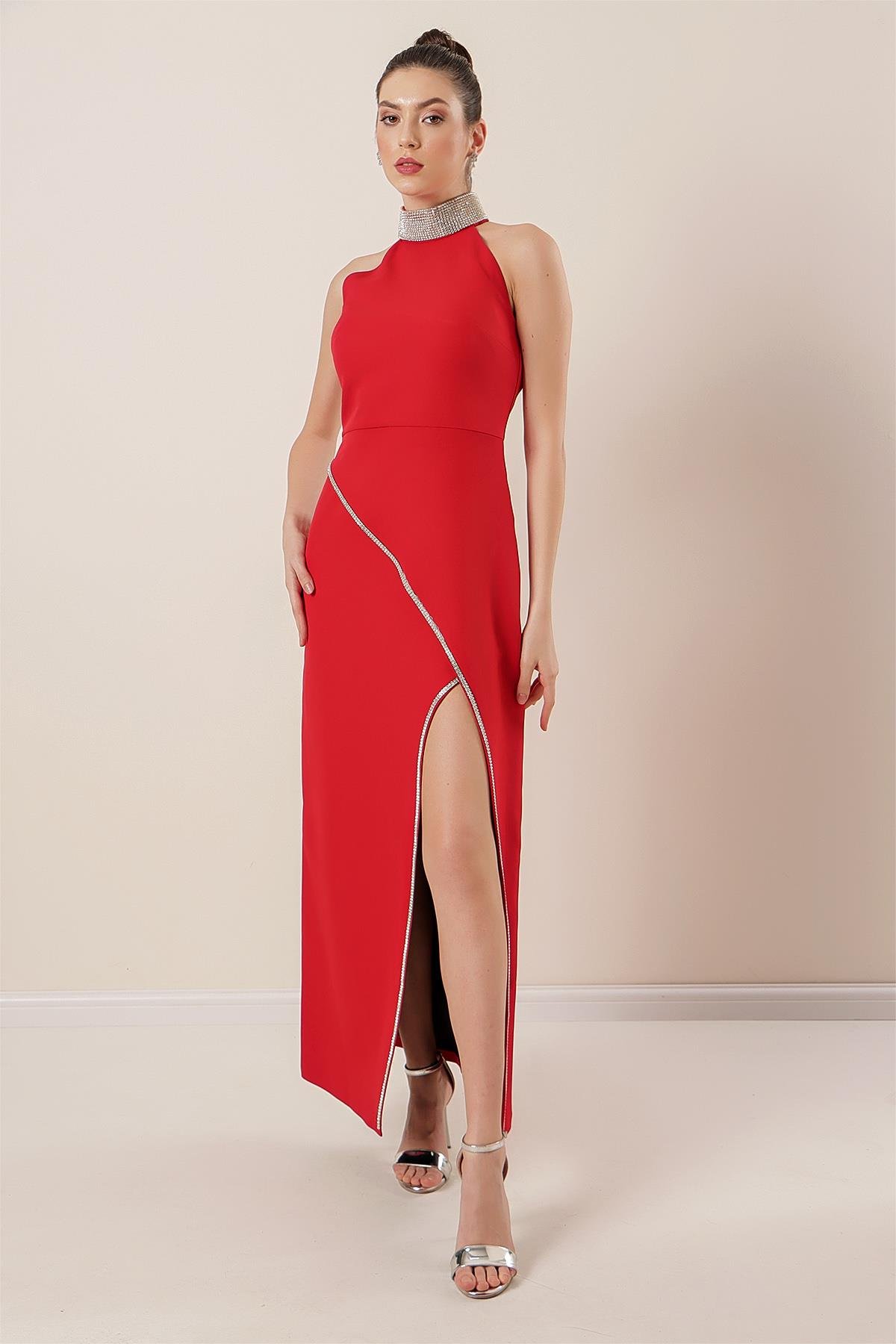 S-22K2580013Long Dress with Stone Detail and Front Slit