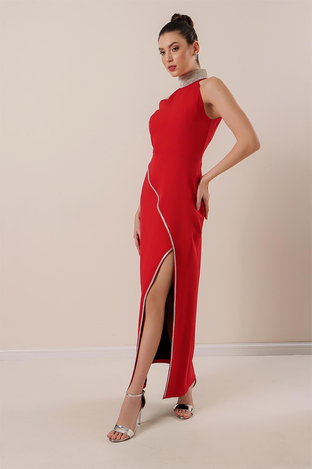 S-22K2580013Long Dress with Stone Detail and Front Slit