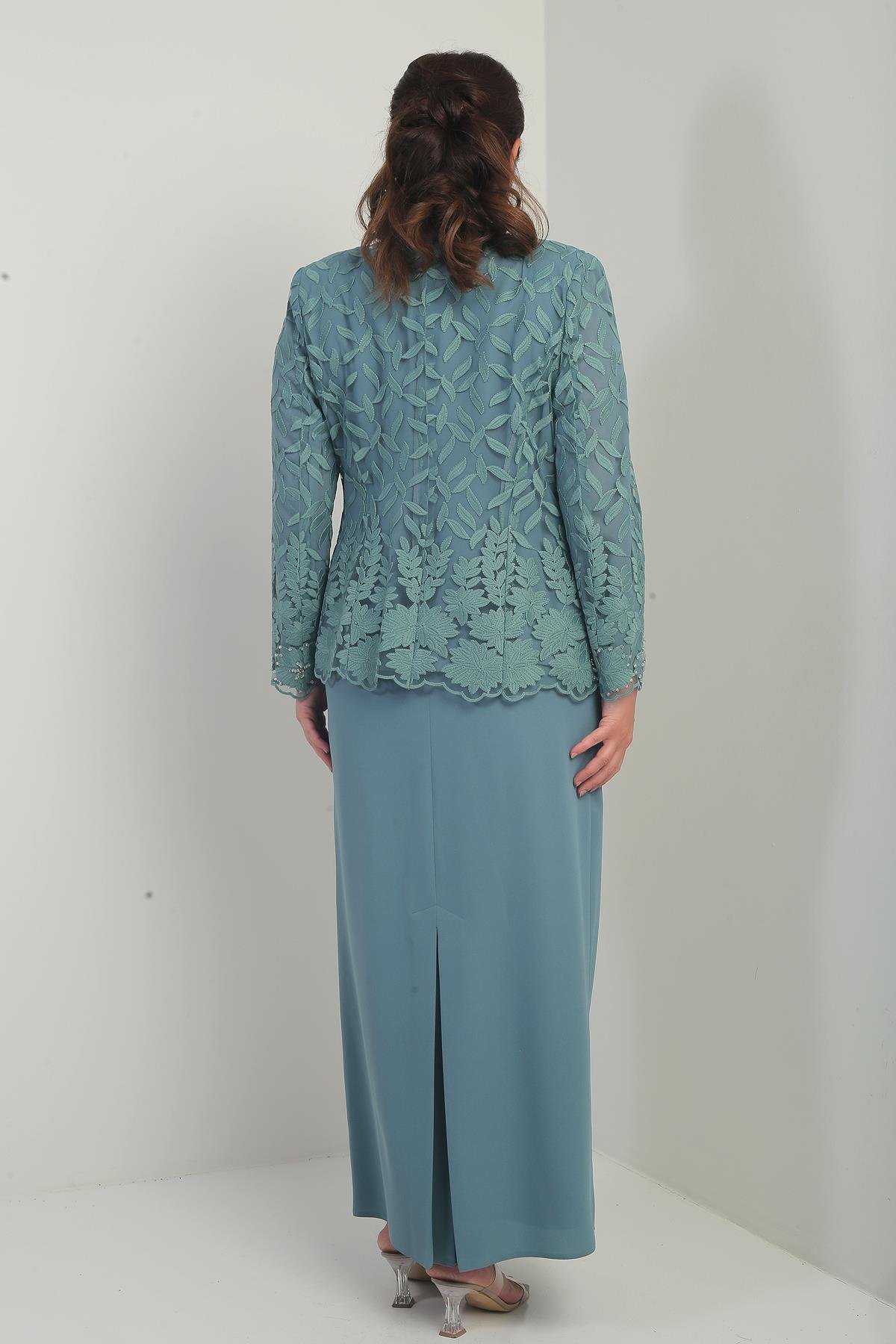 S-22K3070012Boncuk İşlemeli Güpürlü Astarlı Elbise Ceket Büyük Beden 2'li Takım