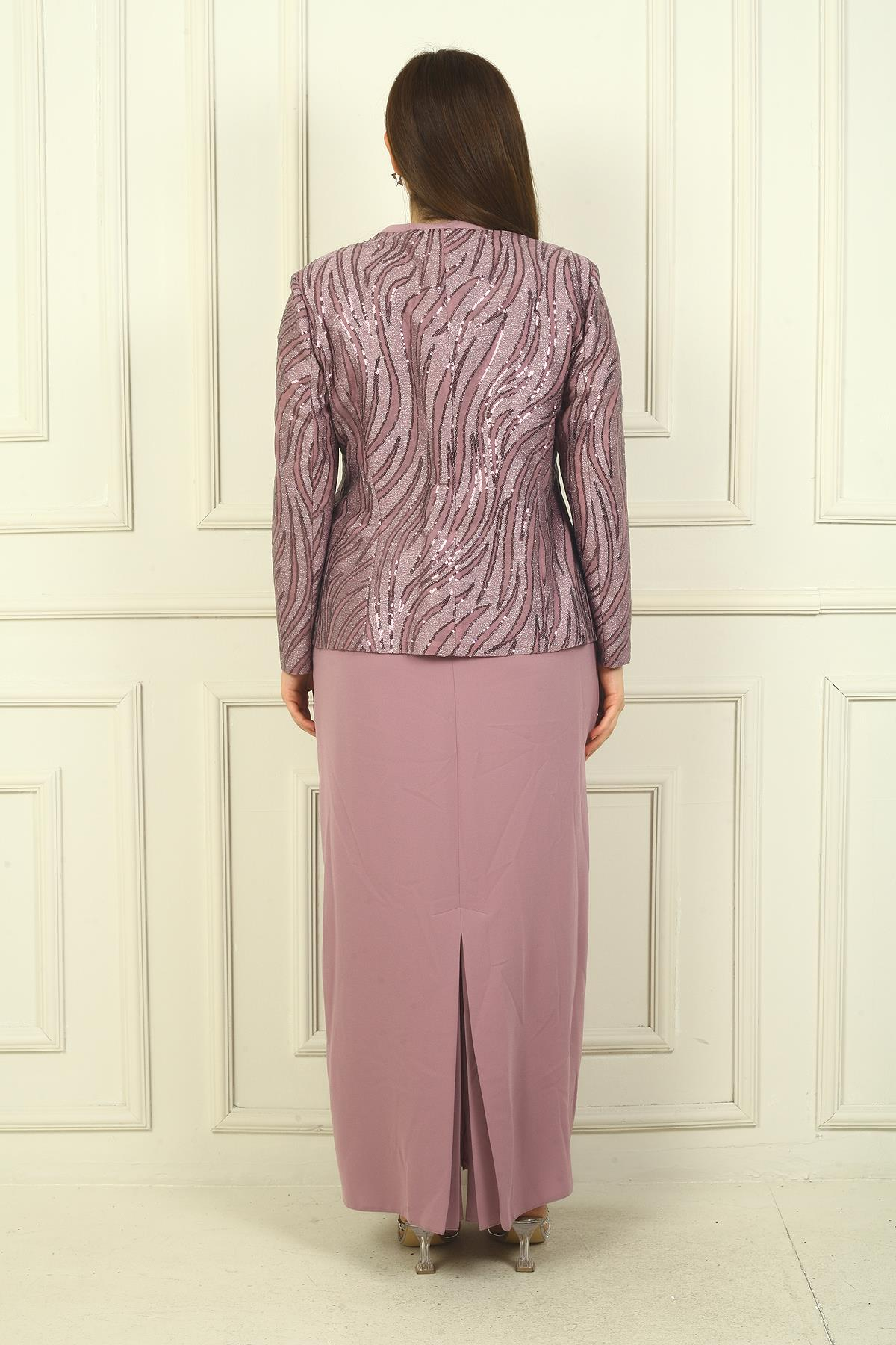 S-22K3070013Pulpayet Ceket Yarım Ay Kollu Astarlı Krep Elbise Büyük Beden 2'li Takım