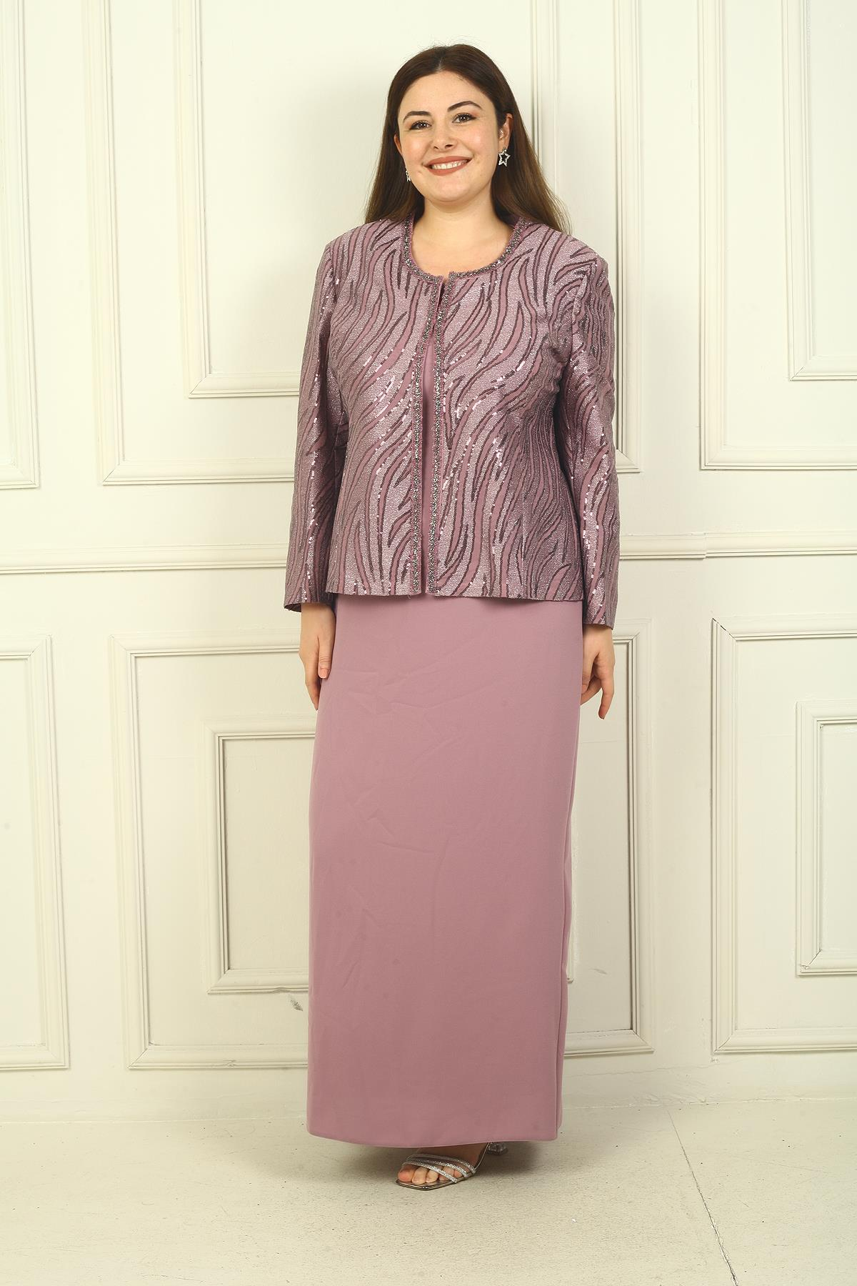 S-22K3070013Pulpayet Ceket Yarım Ay Kollu Astarlı Krep Elbise Büyük Beden 2'li Takım