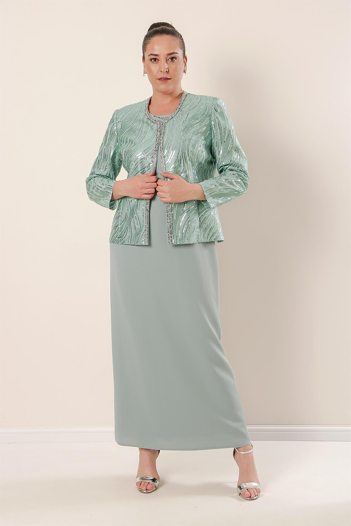 S-22K3070013Pinstripe Jacket Half Moon Sleeve Lined Crepe Dress Plus Size 2-piece Set