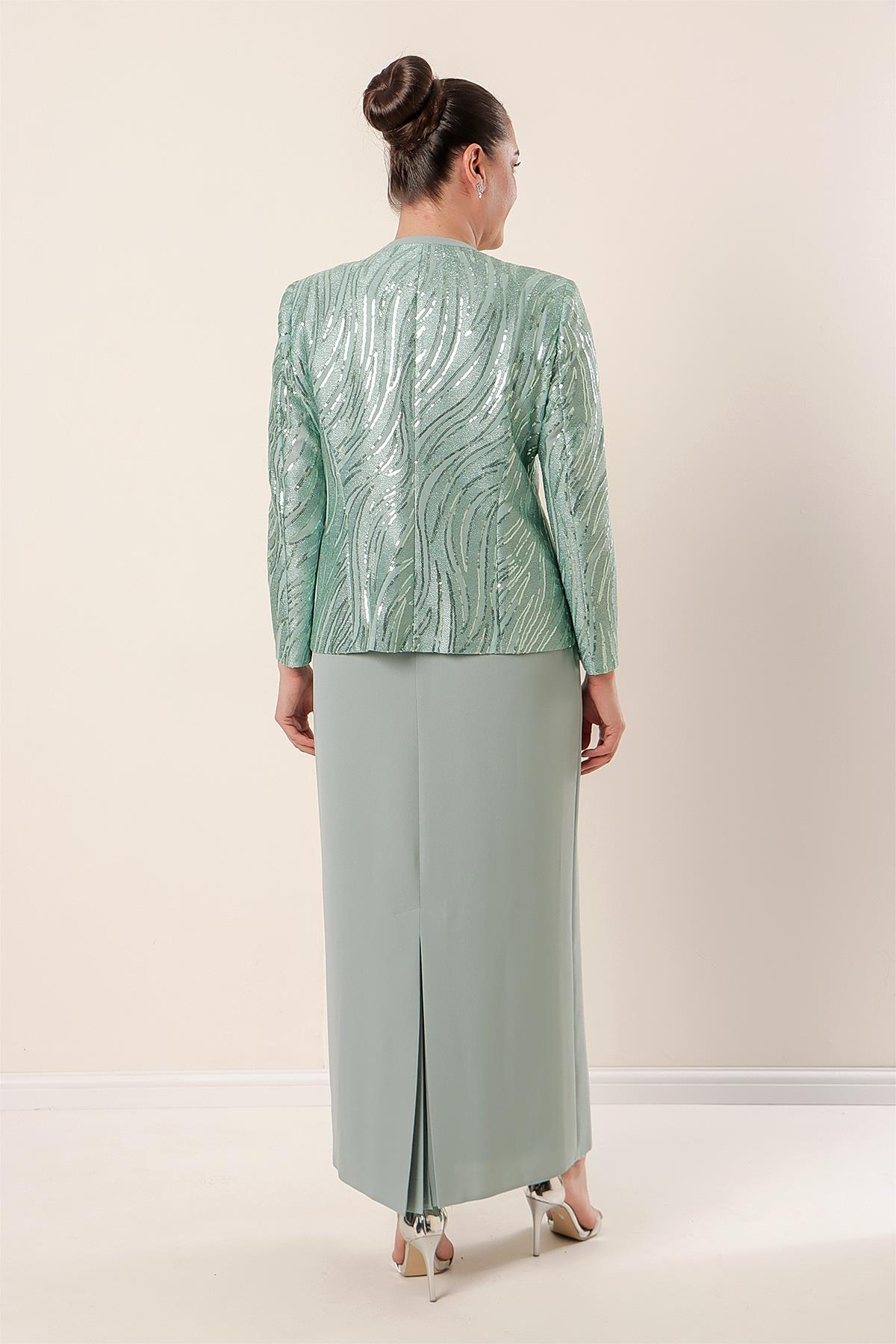 S-22K3070013Pinstripe Jacket Half Moon Sleeve Lined Crepe Dress Plus Size 2-piece Set