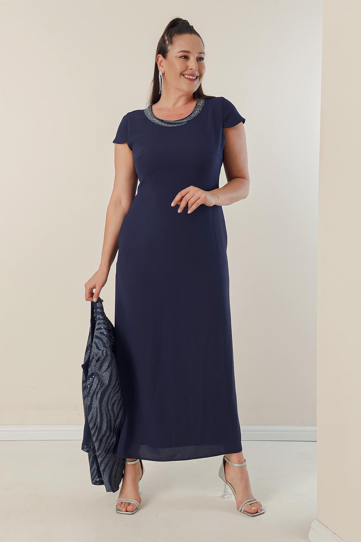 S-22K3070013Pulpayet Ceket Yarım Ay Kollu Astarlı Krep Elbise Büyük Beden 2'li Takım