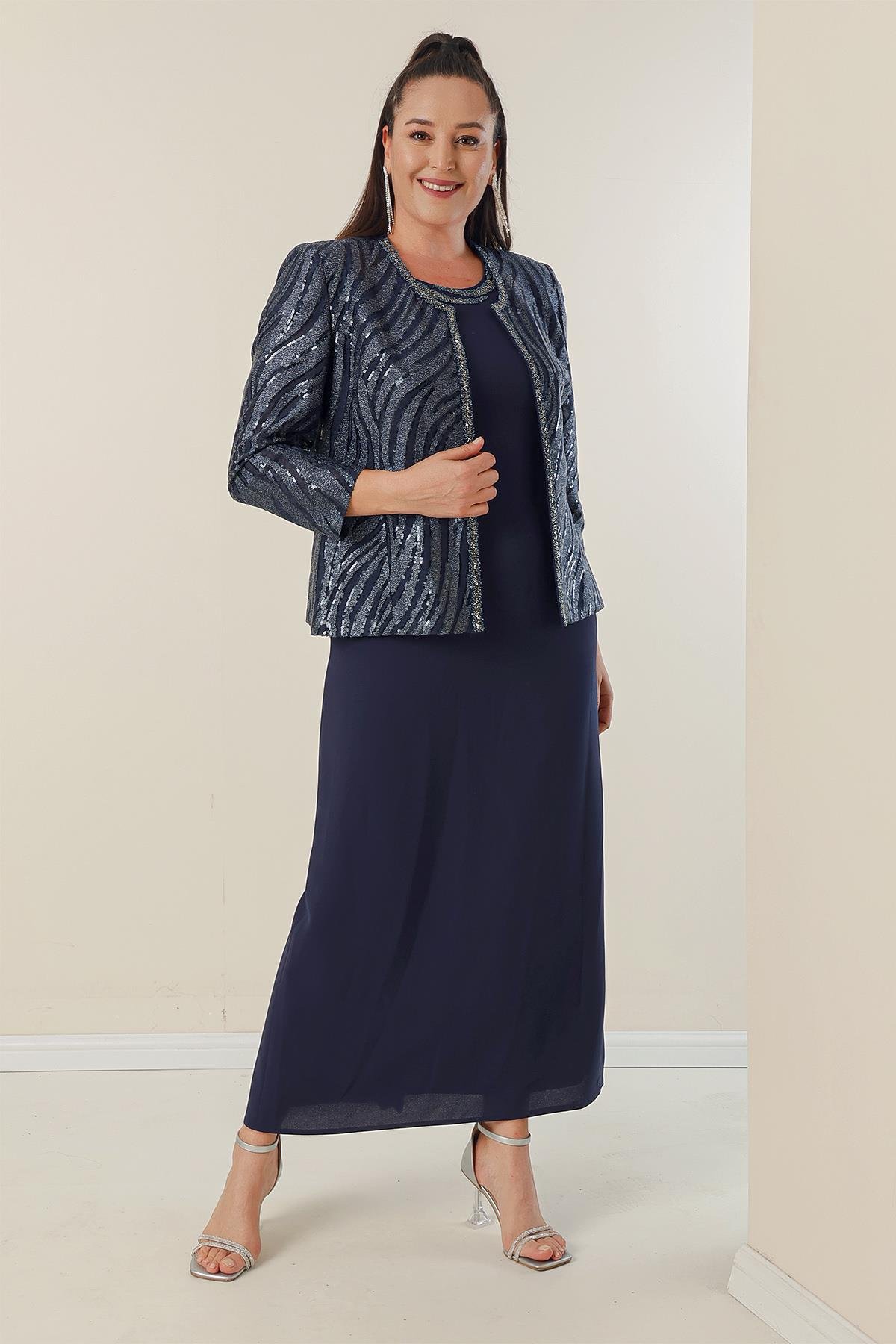 S-22K3070013Pulpayet Ceket Yarım Ay Kollu Astarlı Krep Elbise Büyük Beden 2'li Takım