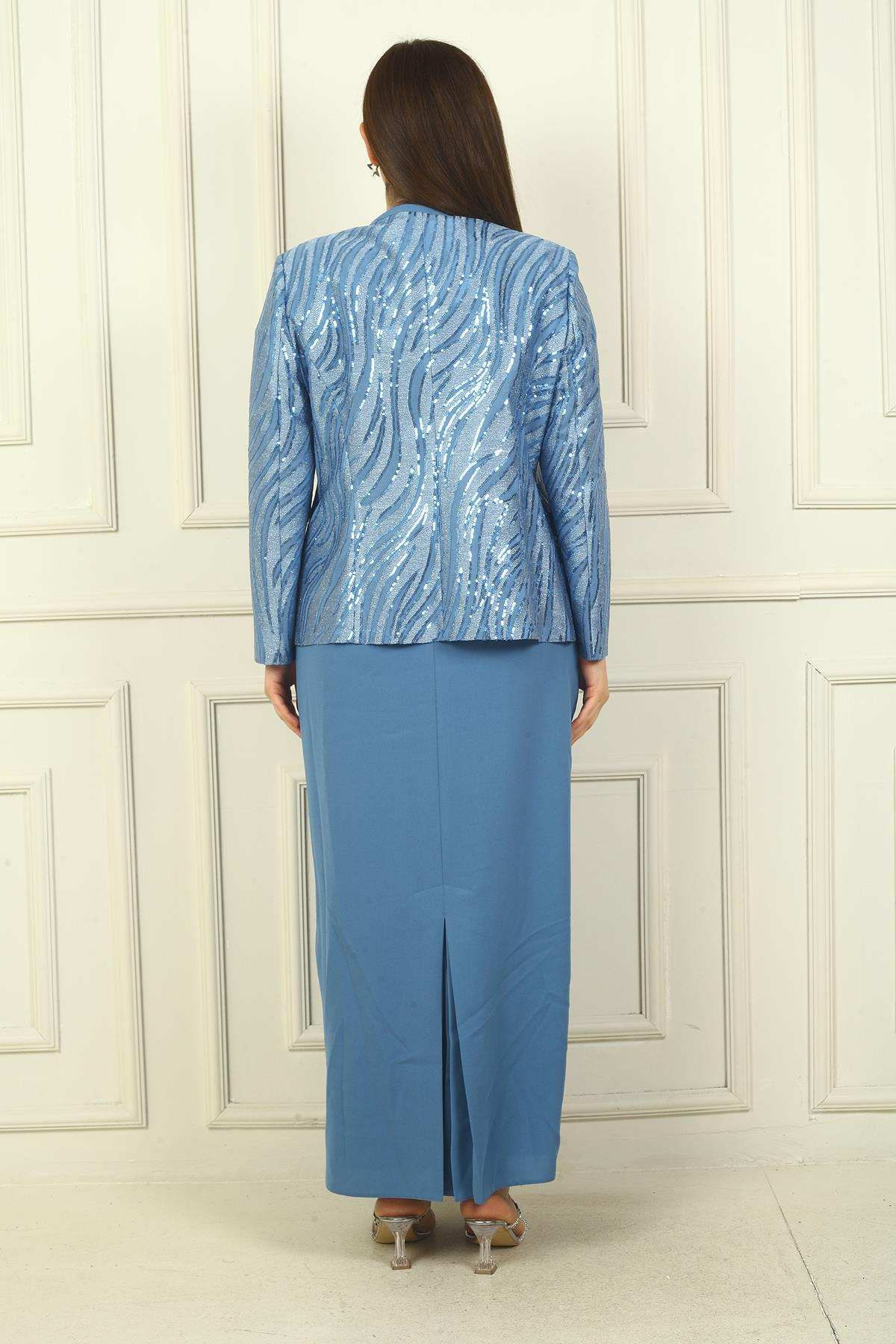 S-22K3070013Pulpayet Ceket Yarım Ay Kollu Astarlı Krep Elbise Büyük Beden 2'li Takım