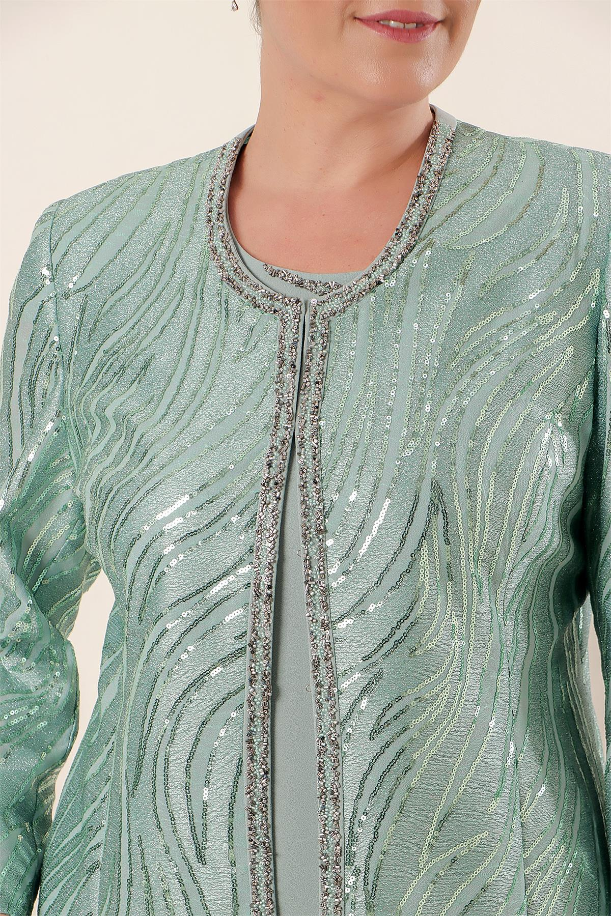 S-22K3070013Pinstripe Jacket Half Moon Sleeve Lined Crepe Dress Plus Size 2-piece Set