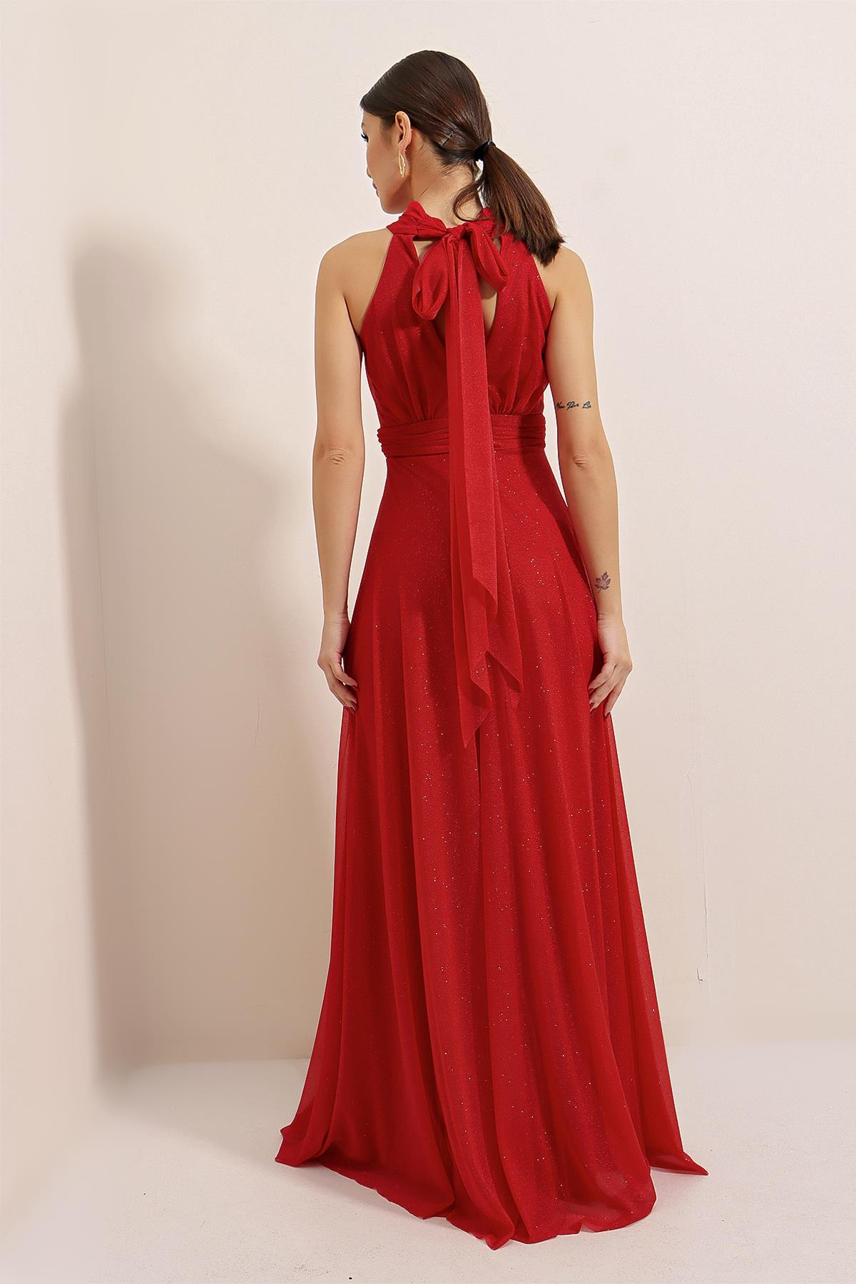 S-22K3630004Boyundan Bağlamalı Astarlı Simli Uzun Elbise