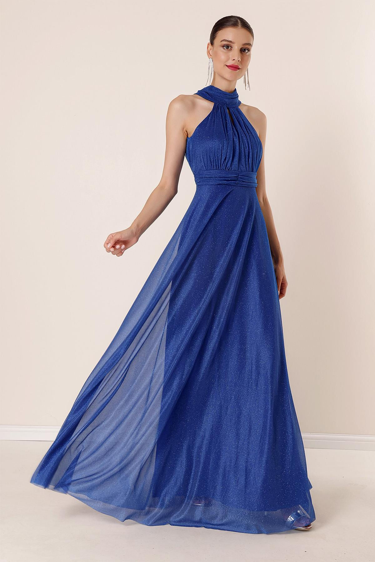 S-22K3630004Boyundan Bağlamalı Astarlı Simli Uzun Elbise