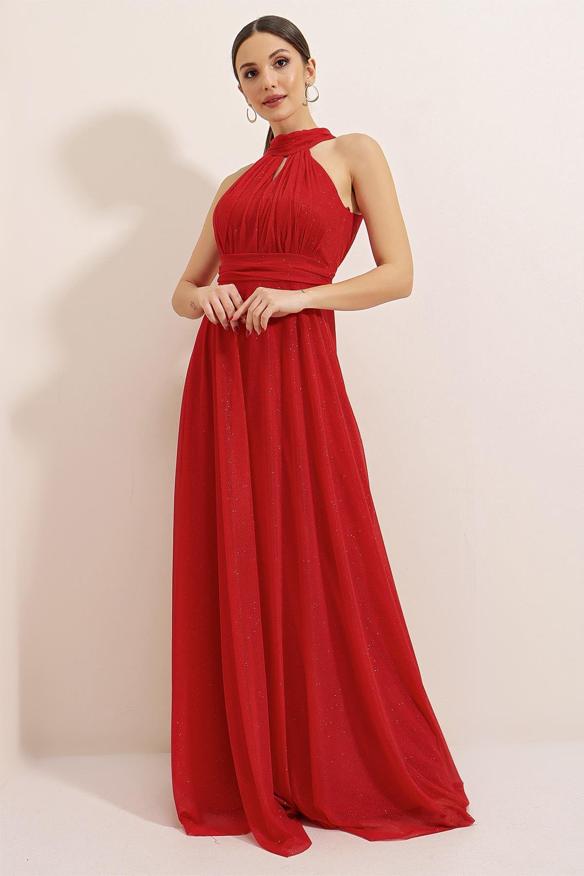 S-22K3630004Boyundan Bağlamalı Astarlı Simli Uzun Elbise