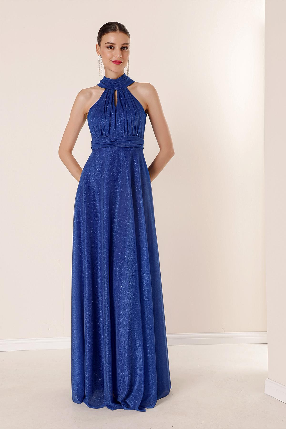 S-22K3630004Boyundan Bağlamalı Astarlı Simli Uzun Elbise