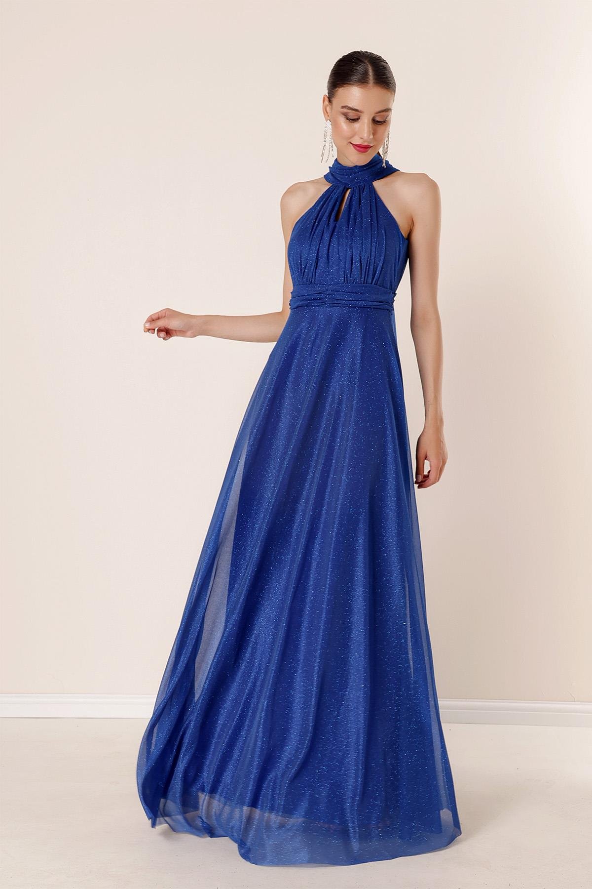 S-22K3630004Boyundan Bağlamalı Astarlı Simli Uzun Elbise