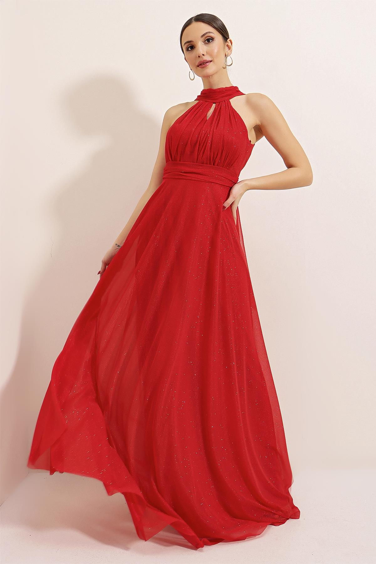 S-22K3630004Boyundan Bağlamalı Astarlı Simli Uzun Elbise