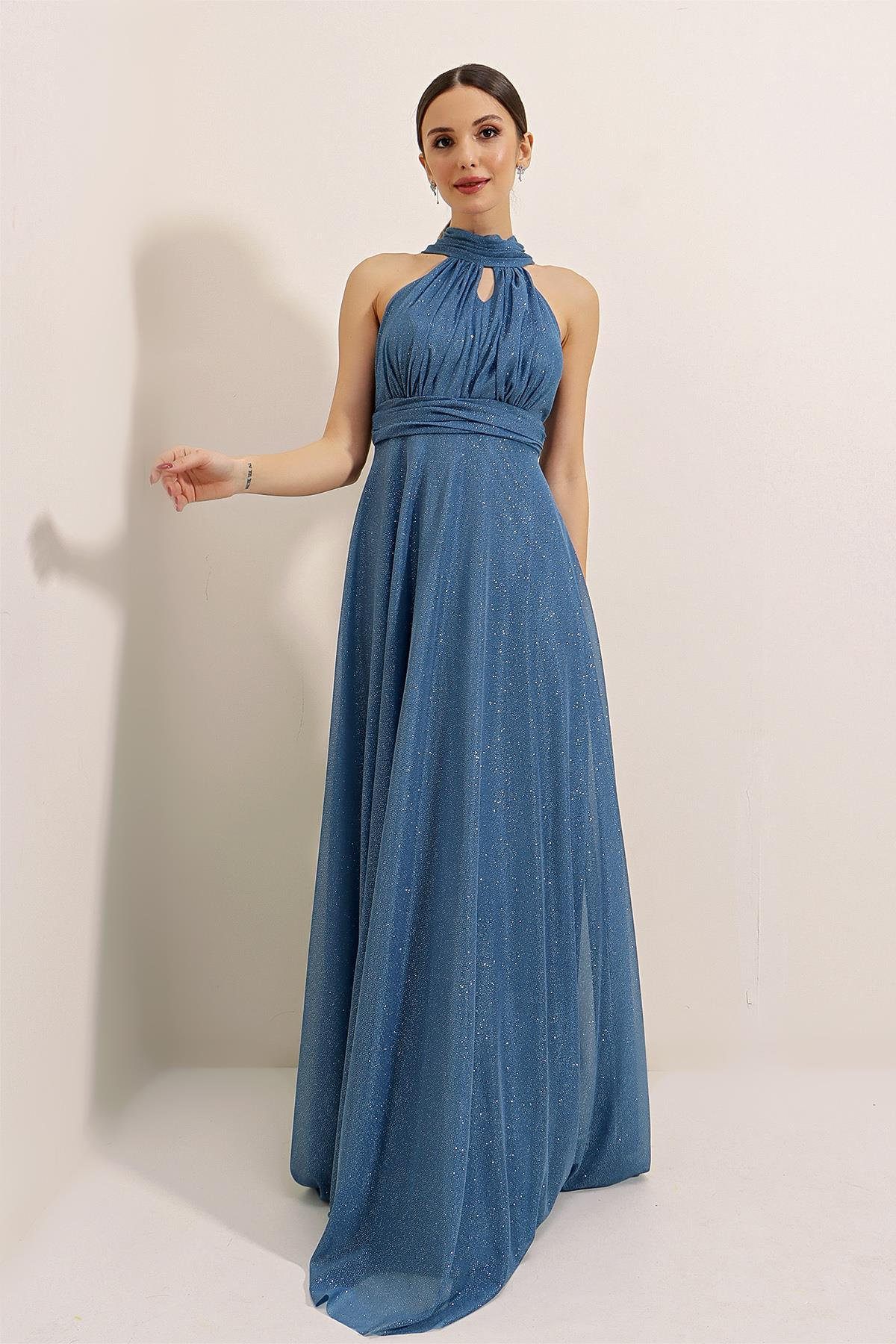 S-22K3630004Boyundan Bağlamalı Astarlı Simli Uzun Elbise